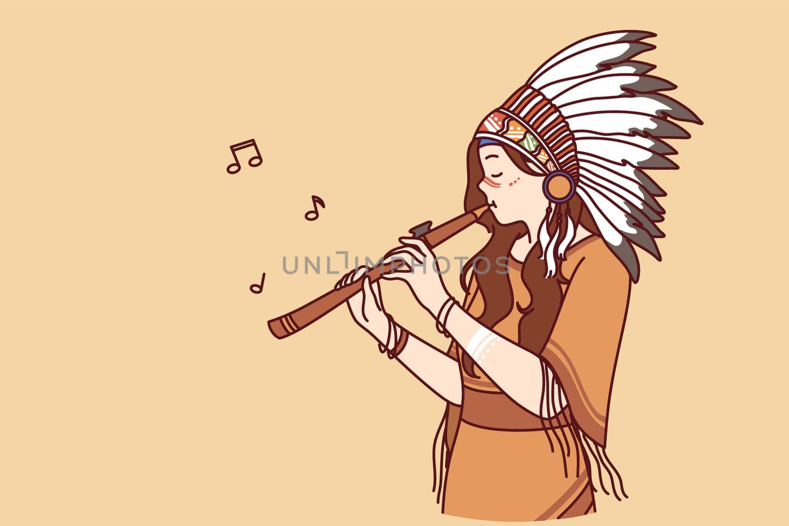 Injun or shaman woman playing flute, dressed in ethnic attire and headdress with feathers. Young girl participates in native american band and performs traditional injun song on musical instrument.