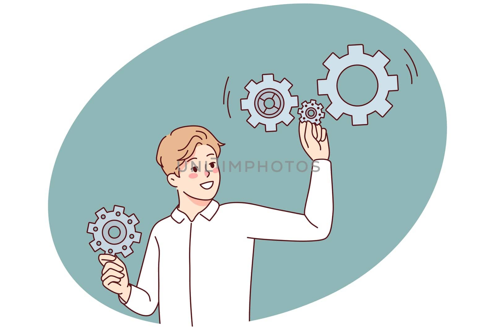 Man with gear mechanisms look for problem solution. Smiling businessman with gears brainstorm search for answer. Vector illustration.