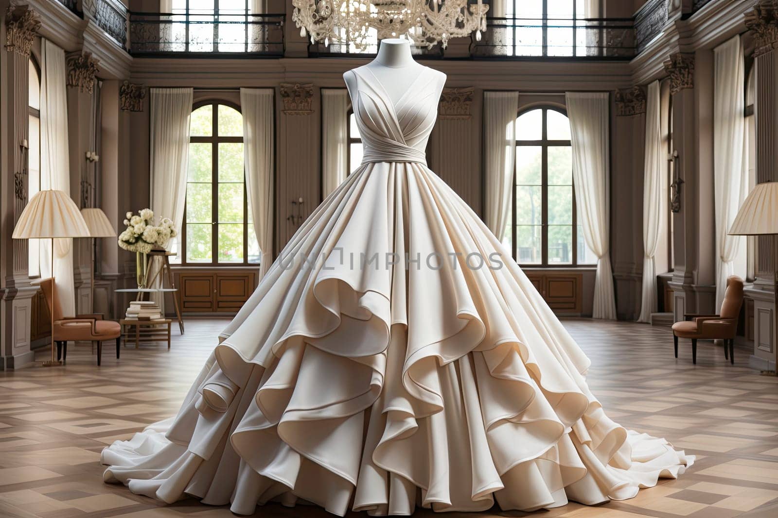Beautiful wedding dress hanging on a mannequin in a interior of bridal salon. Wedding show room trendy, modern.