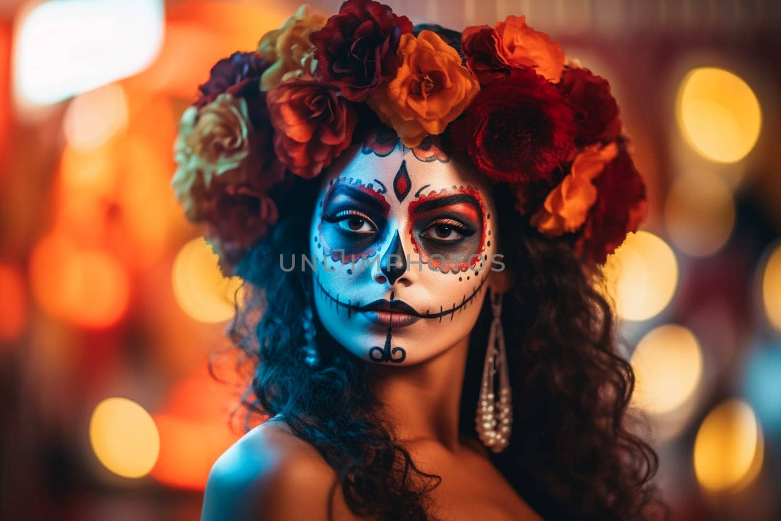 close-up young woman with make-up at the festival Day of the Dead - Dia de los Muertos - a holiday dedicated to the memory of the dead.against the backdrop of illumination. .Generative AI