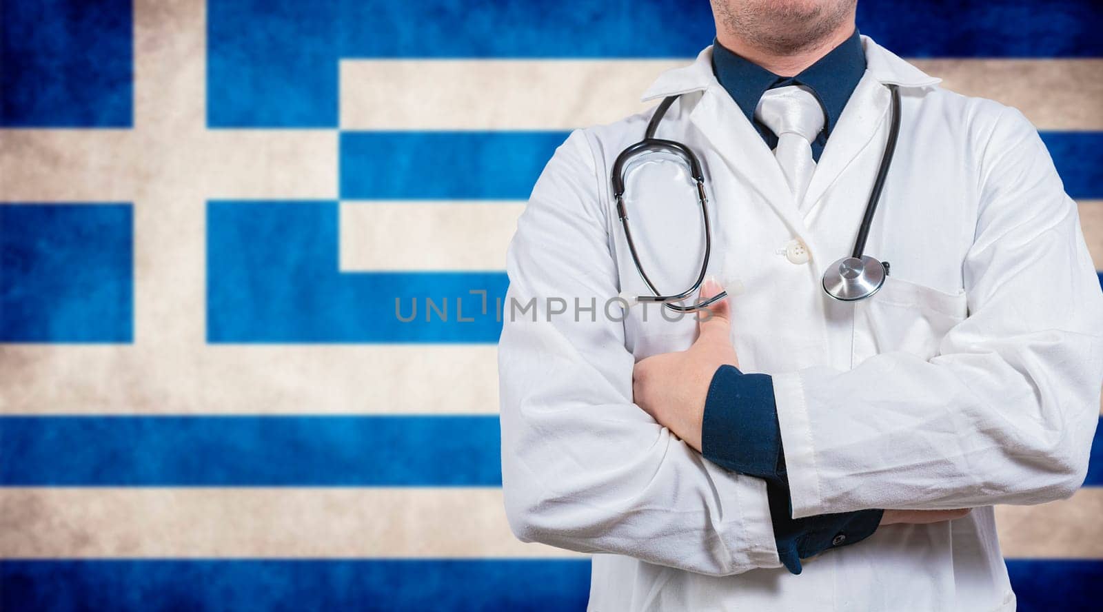 Doctor with stethoscope on greece flag. Doctor with crossed arms on greece flag, Health and care with flag of greece