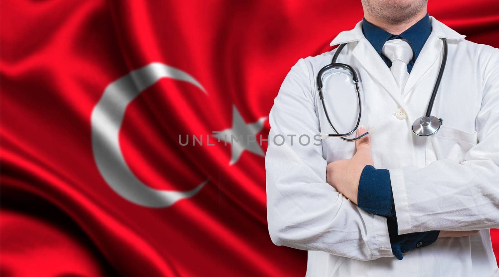 Doctor with stethoscope on flag of Turkey. Doctor with crossed arms on flag of Turkey, Turkish national health concept