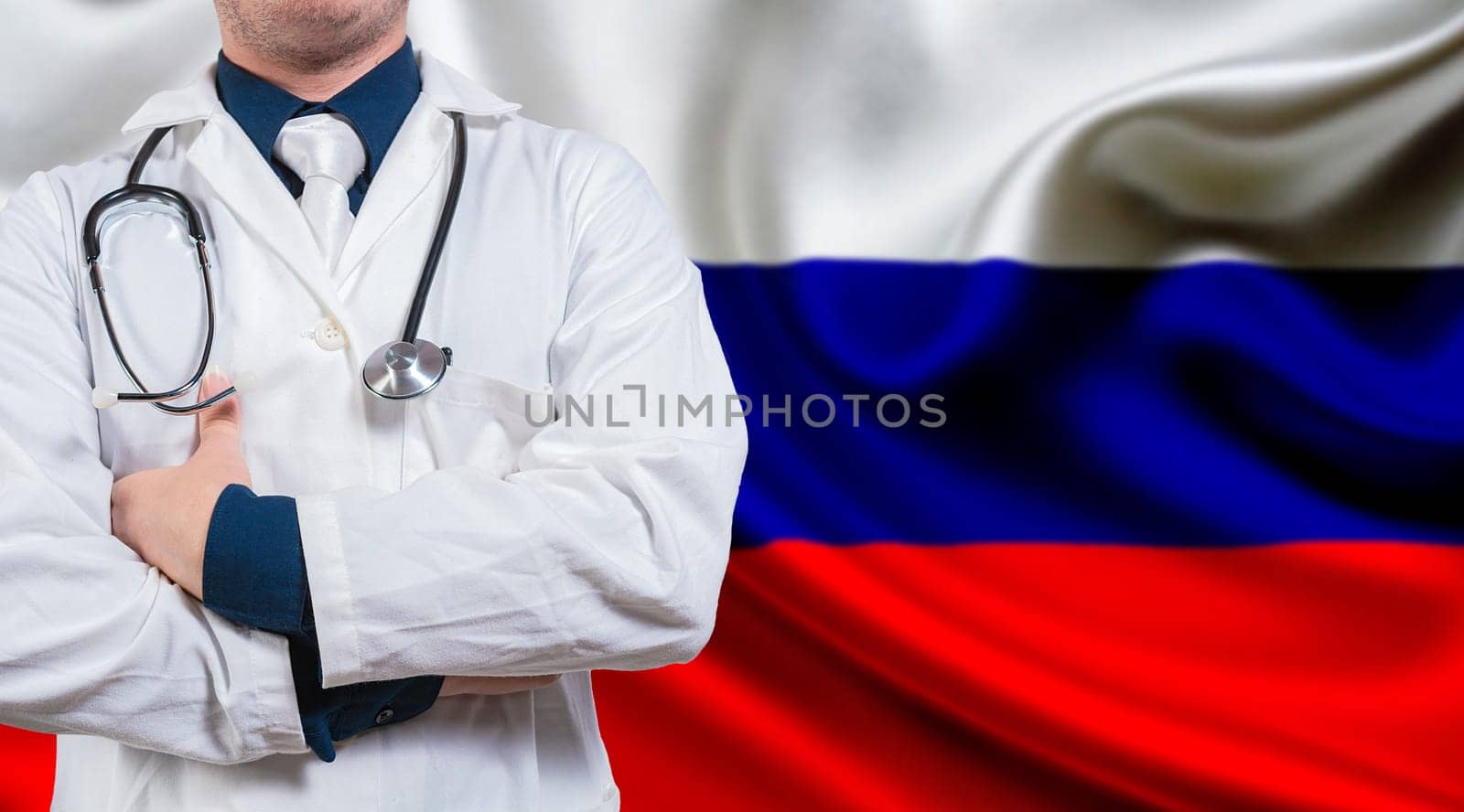 Doctor with stethoscope on flag of Russia. Doctor with crossed arms on flag of Russian Federation. Medical health and care on background Russian flag
