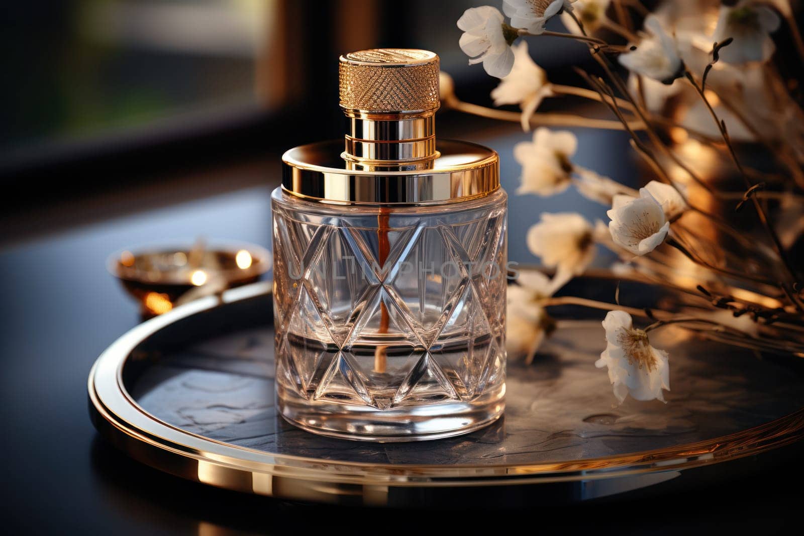 Cosmetic crystal bottle inlaid with gold of a luxury product with white fresh flowers. product presentation, demonstration of cosmetic products. Modern stylish luxury bottle.Generative AI