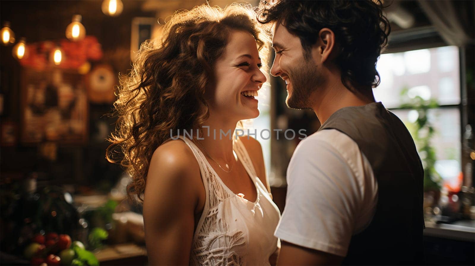 young couple laughing in an embrace in the kitchen.Generative AI