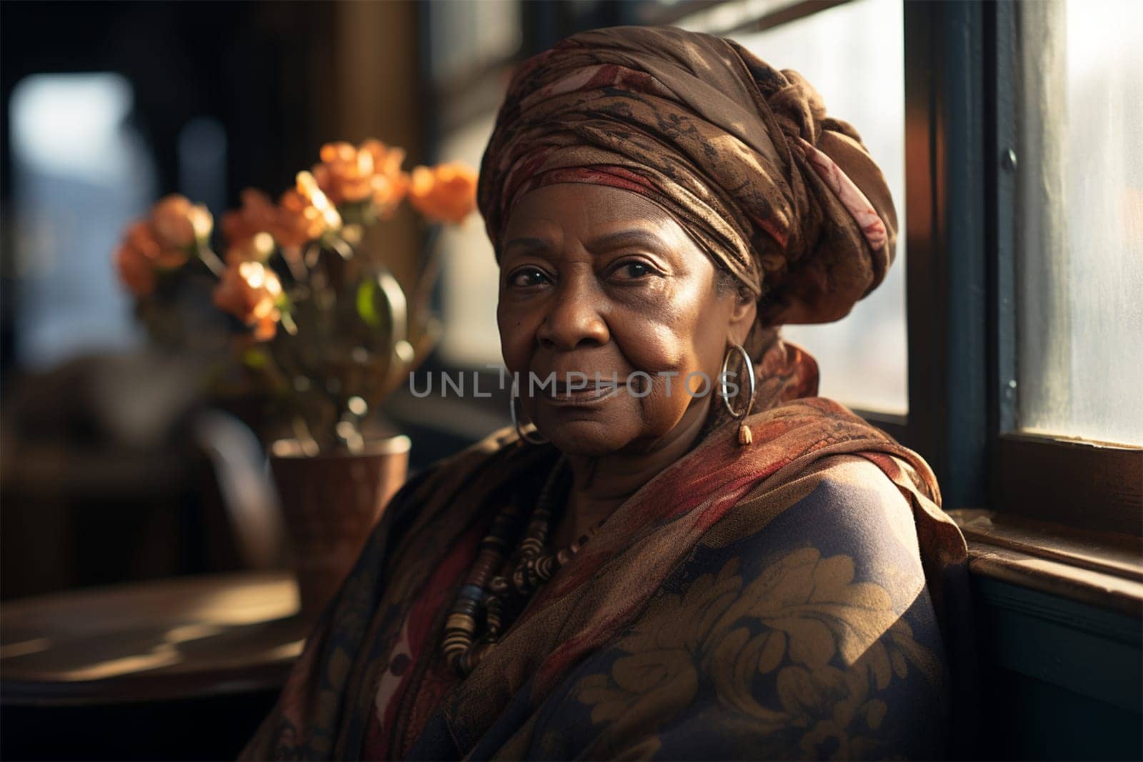 beautiful senior woman in ethnic clothes resting in a cafe. concept of preserving national identity.Generative AI