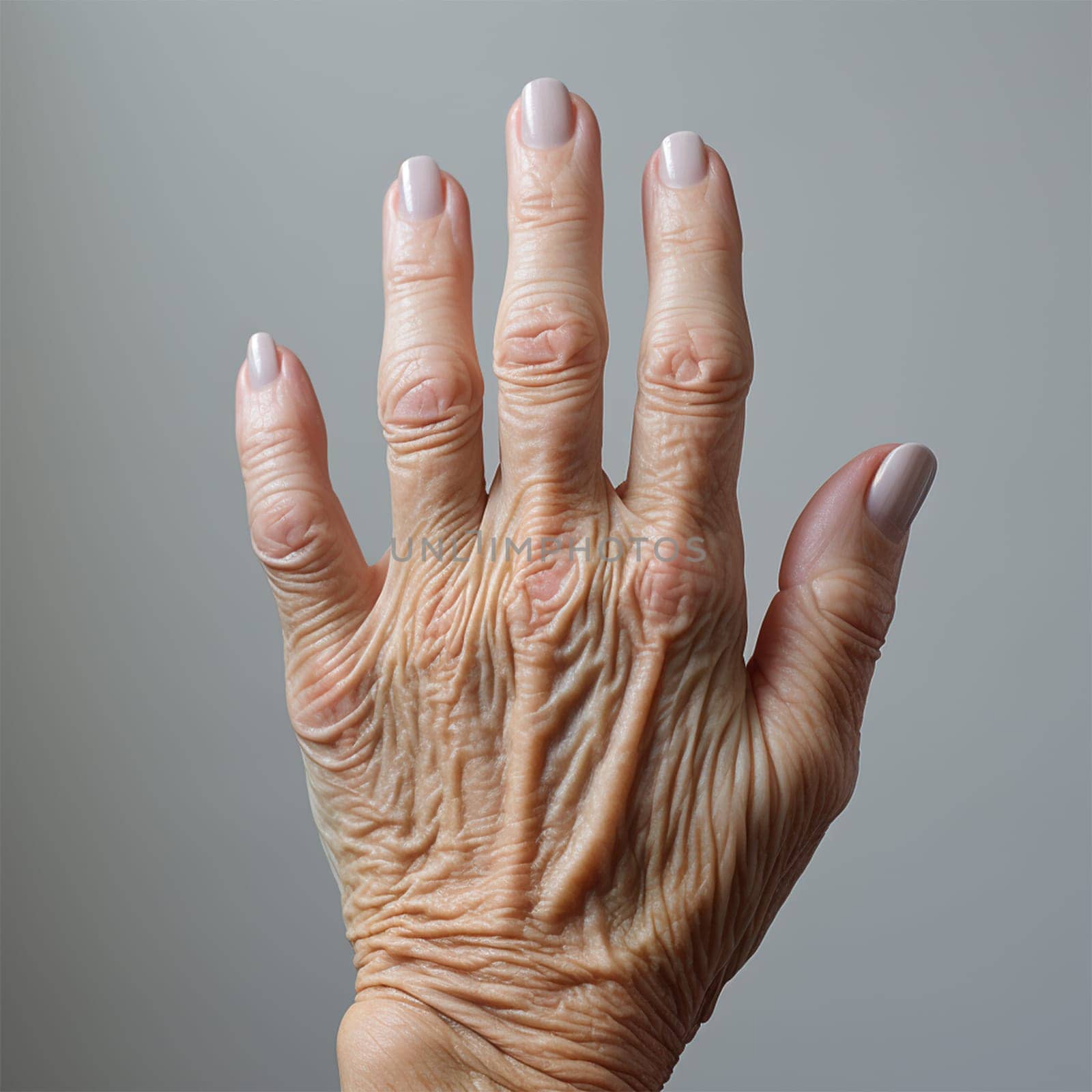 Back of an old man's hand or back of an elderly woman's hands isolated on a light background, wrinkled hand of a disabled person.Generative AI