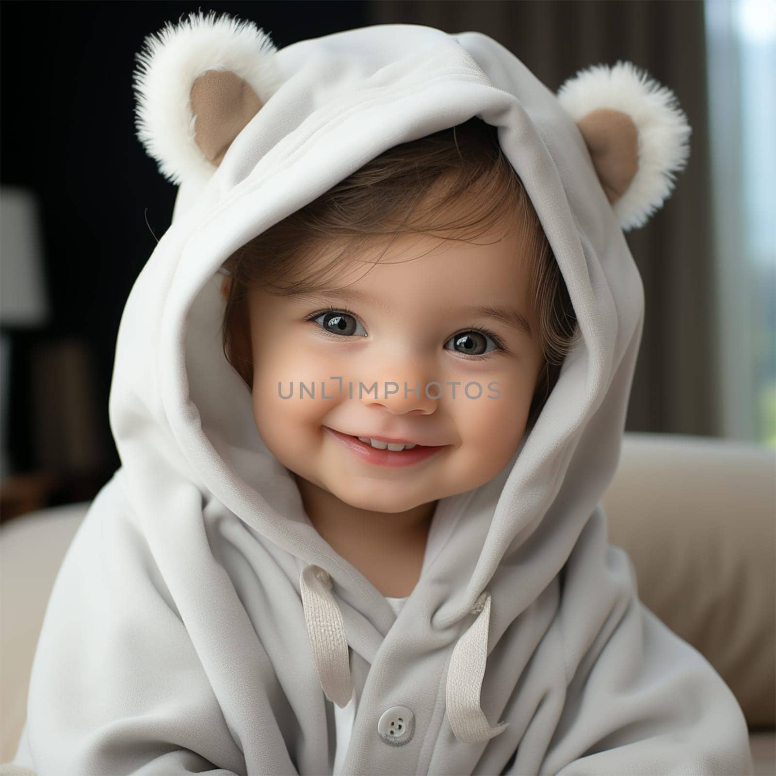 close-up. a beautiful baby in a beautiful light hood with ears sits on the sofa, looks at the camera and smiles.Generative AI