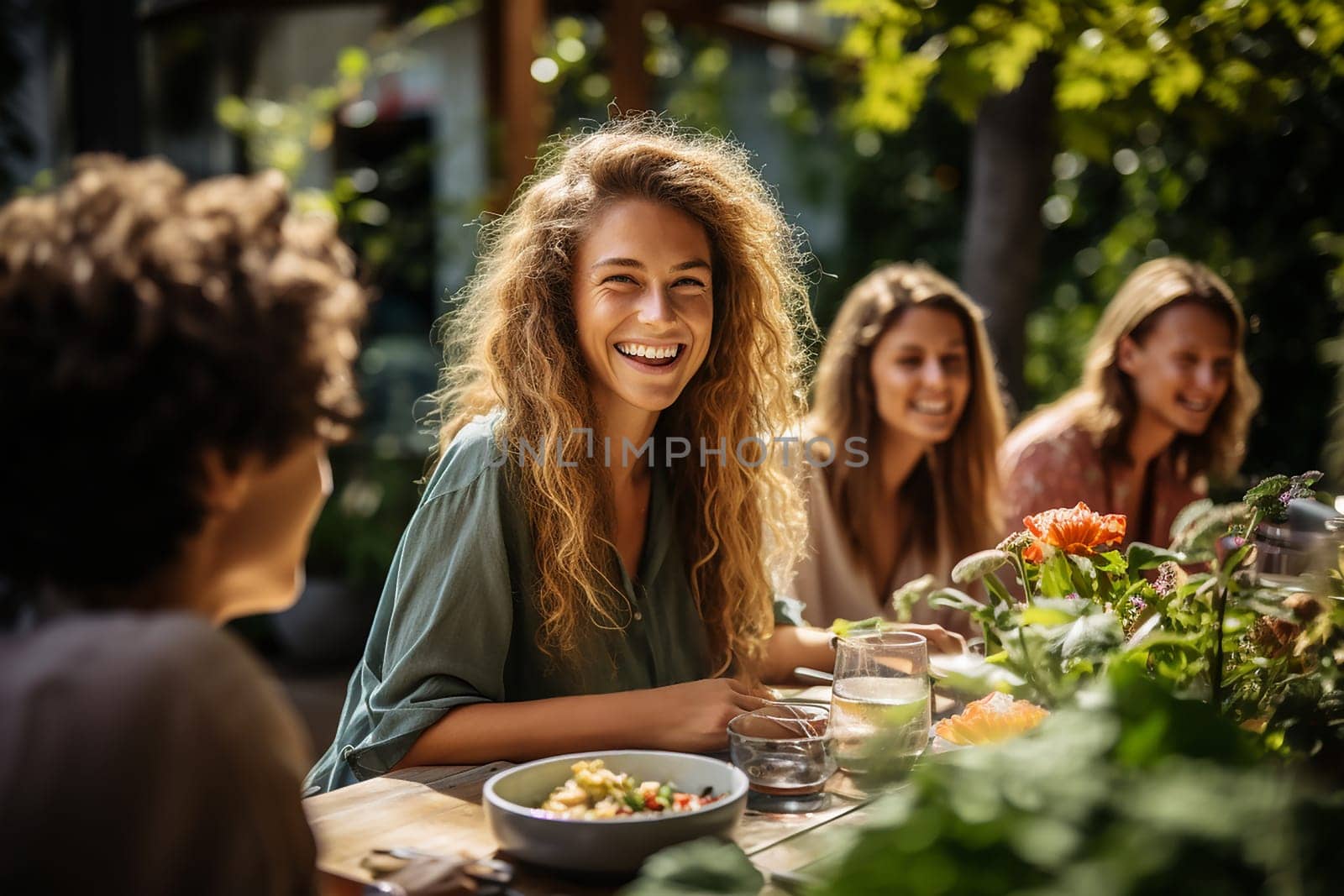 Friends having lunch on a picnic on a summer sunny day.Generative AI