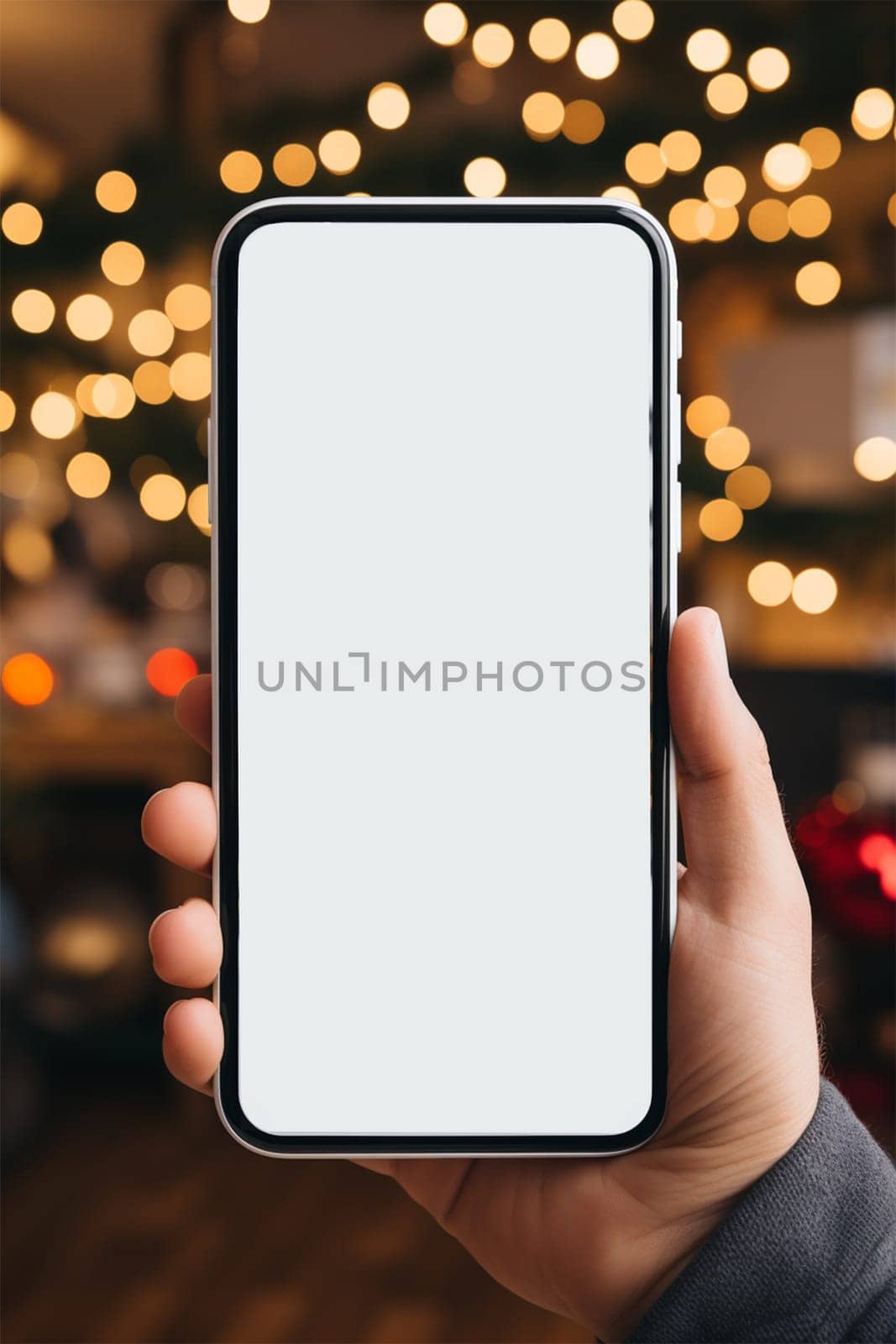 A hand holds a black smartphone with a blank screen on a Christmas background.copy space,mockup.Generative AI