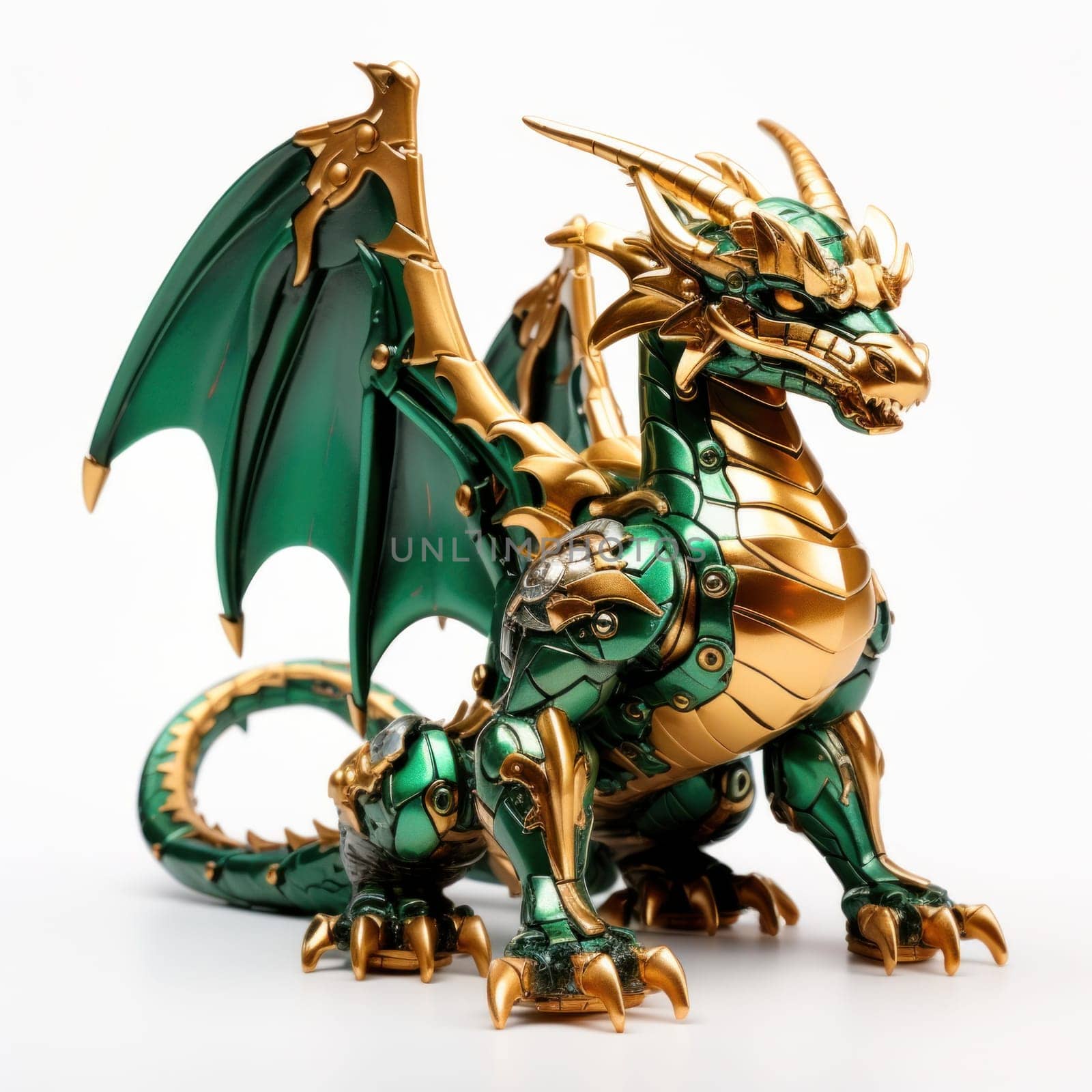 Robot dragon made of gold with green enamel, symbol of the year.Generative AI