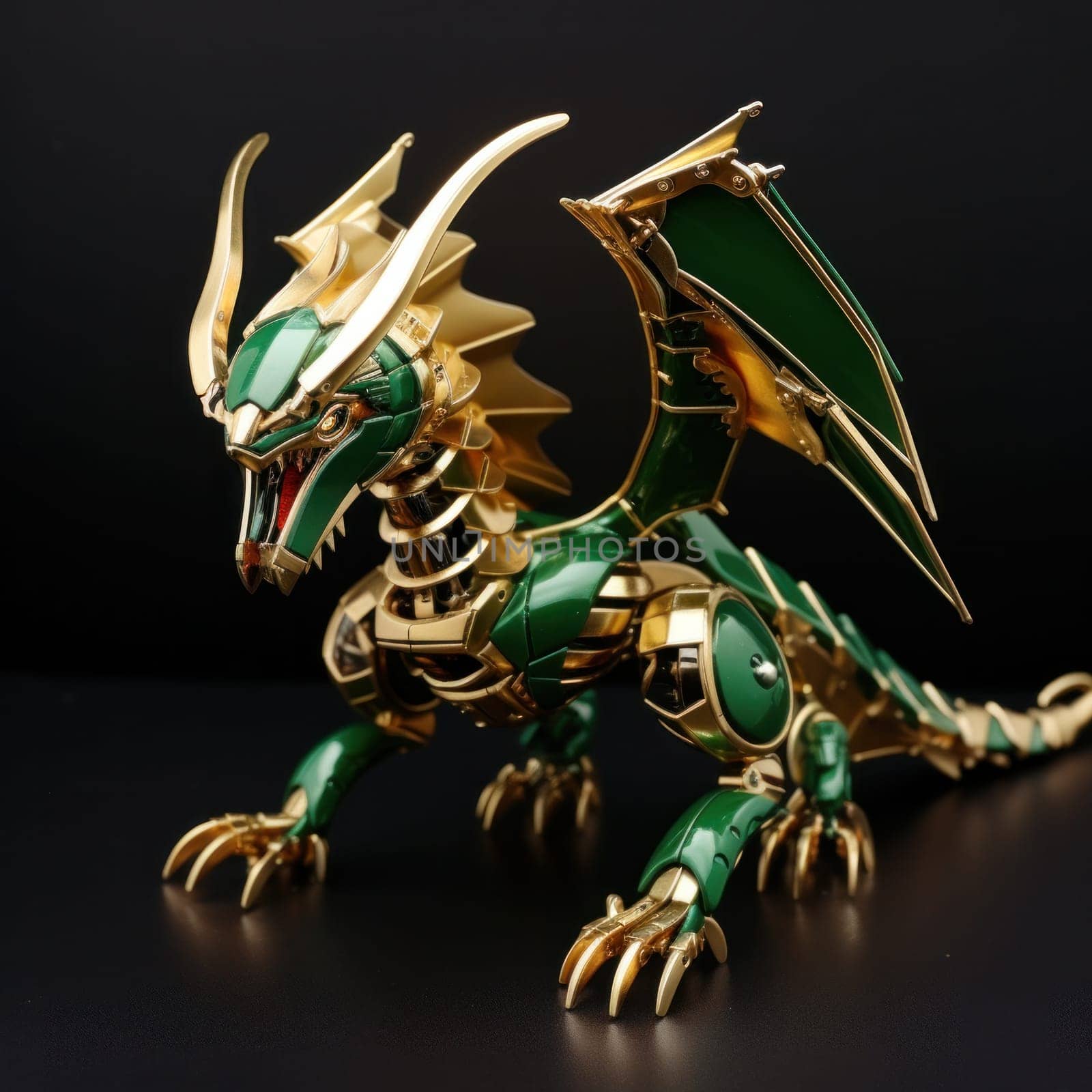 Robot dragon made of gold with green enamel, symbol of the year.Generative AI