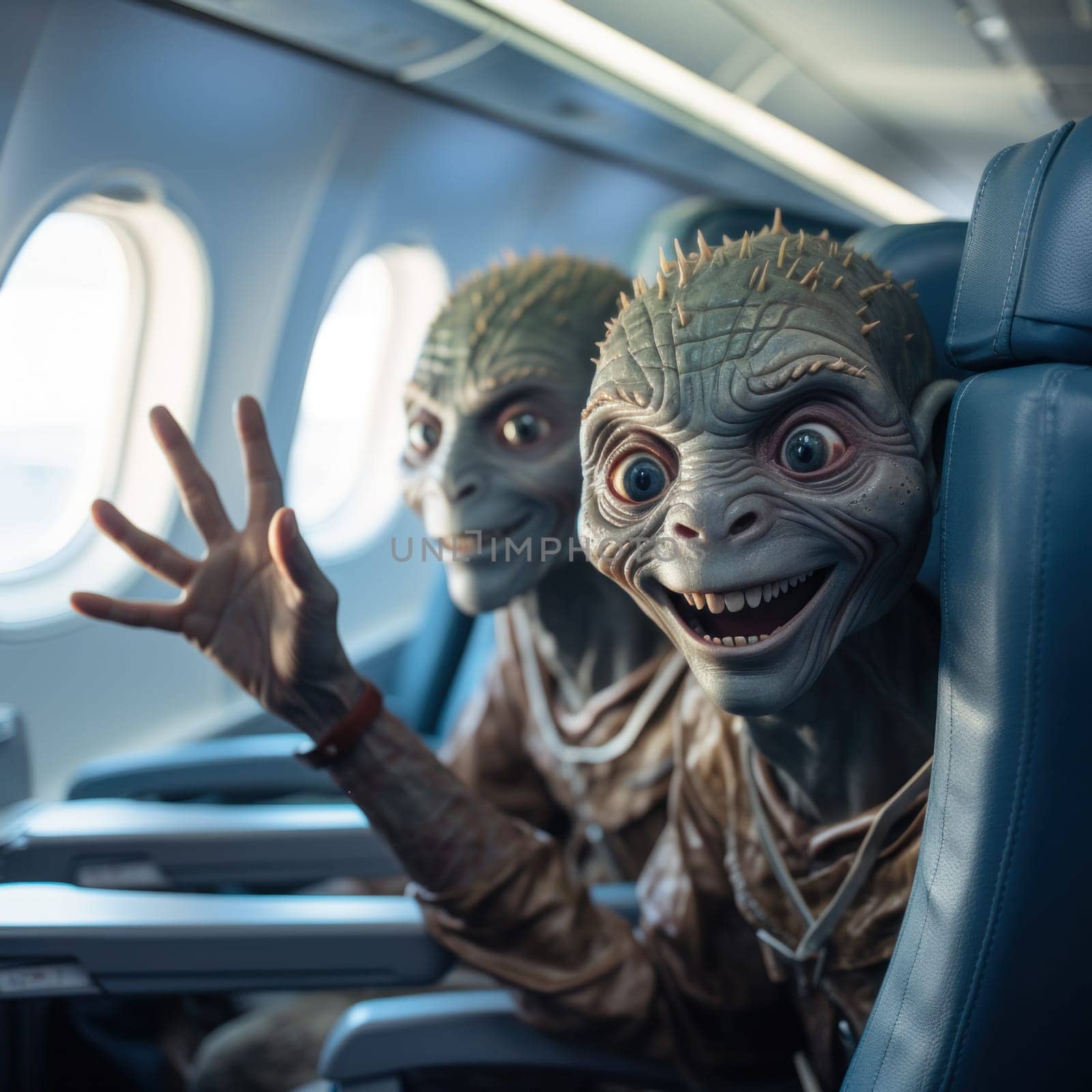 Friendly green aliens waving in public transport.Generative AI