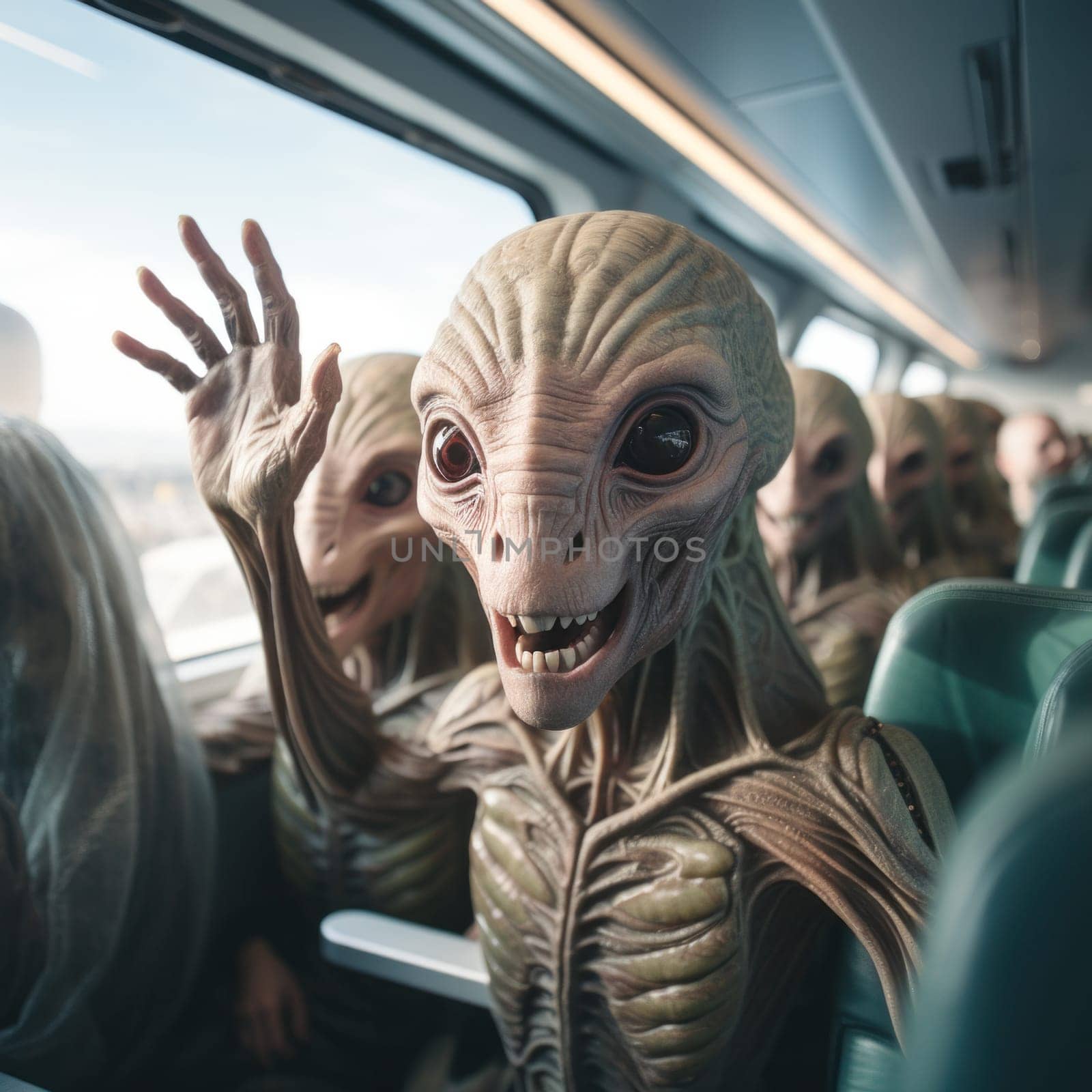 Friendly green aliens waving in public transport.Generative AI