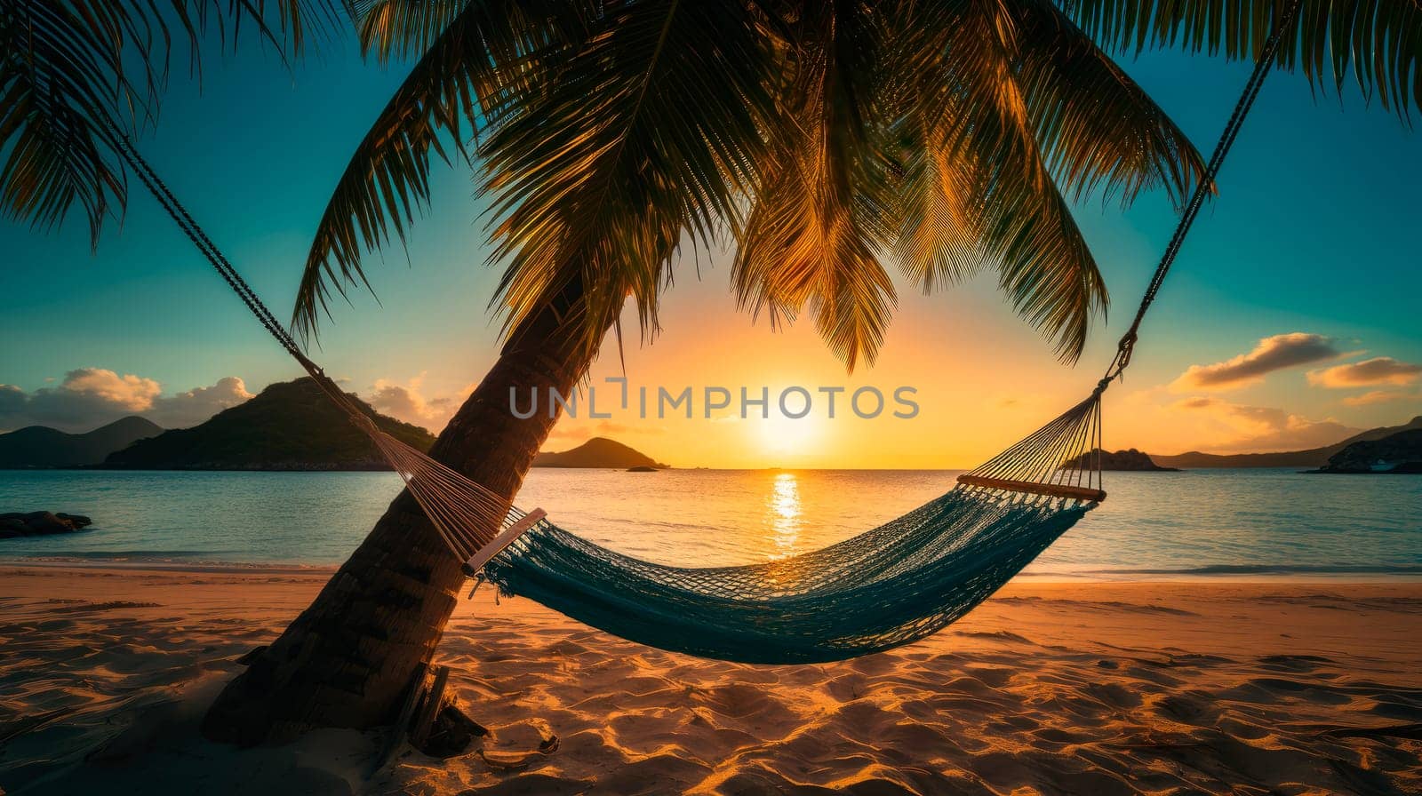 Empty hammock on the beach of tropical island. Hammock on a palm tree during beautiful sunset. AI generated
