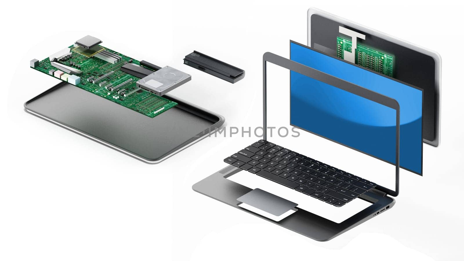 Laptop computer parts isolated on white background. 3D illustration.