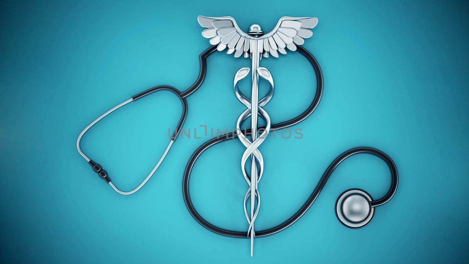 Stethoscope and caduceus icon forming dollar shape. 3D illustration.