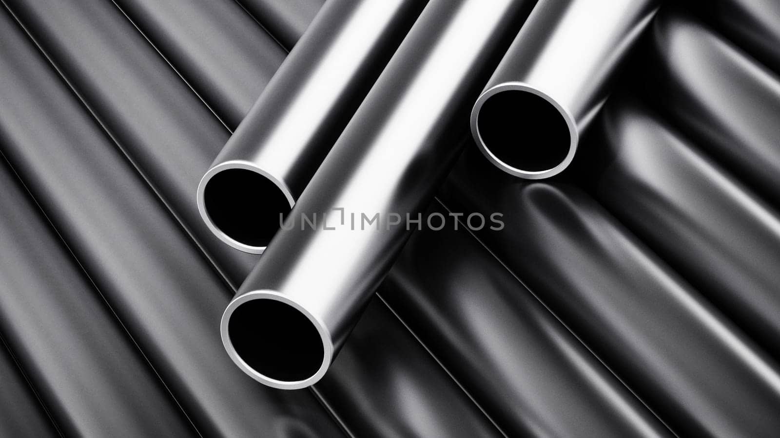 Large group of steel tubes. 3D illustration.