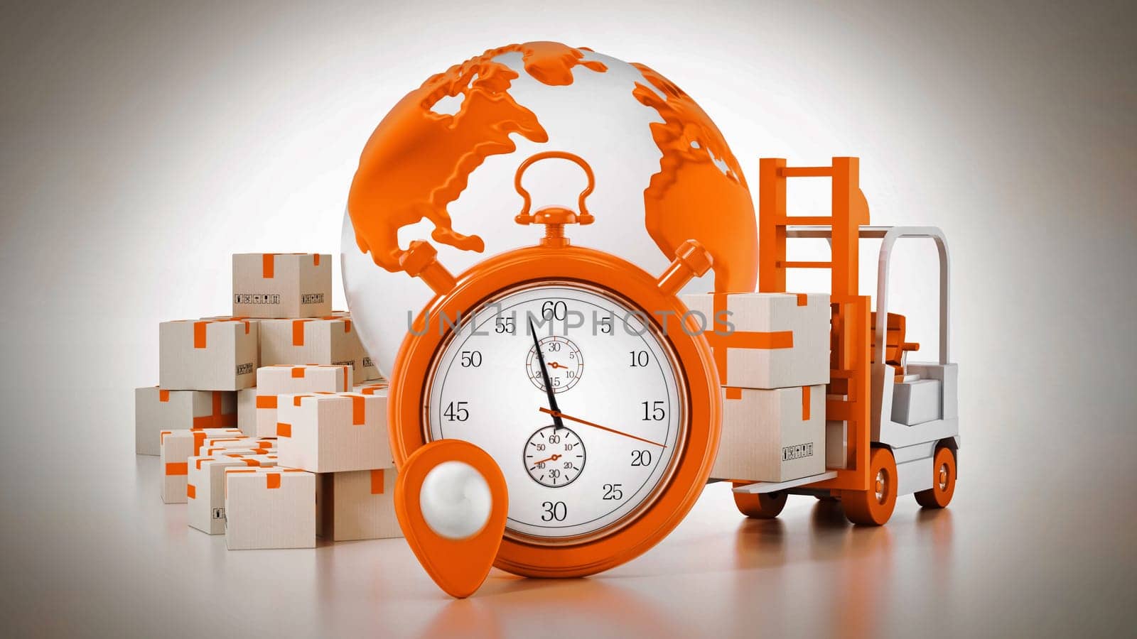 Global transportation concept with cargo boxes, chronometer,truck and globe. 3D illustration.