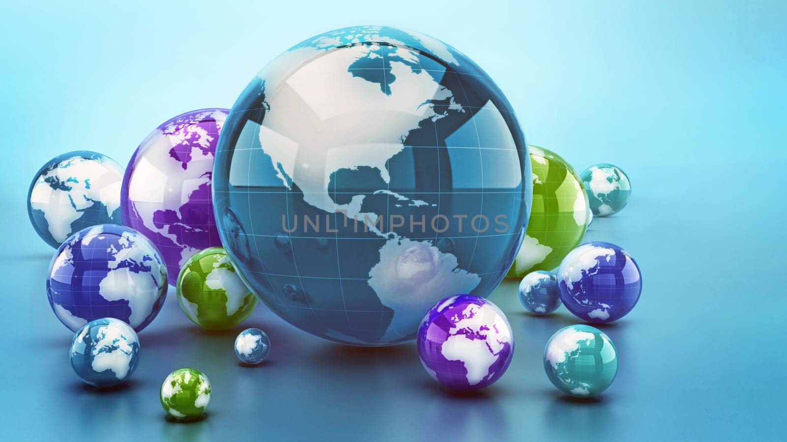Stack of shiny globes isolated on blue background. 3D illustration.