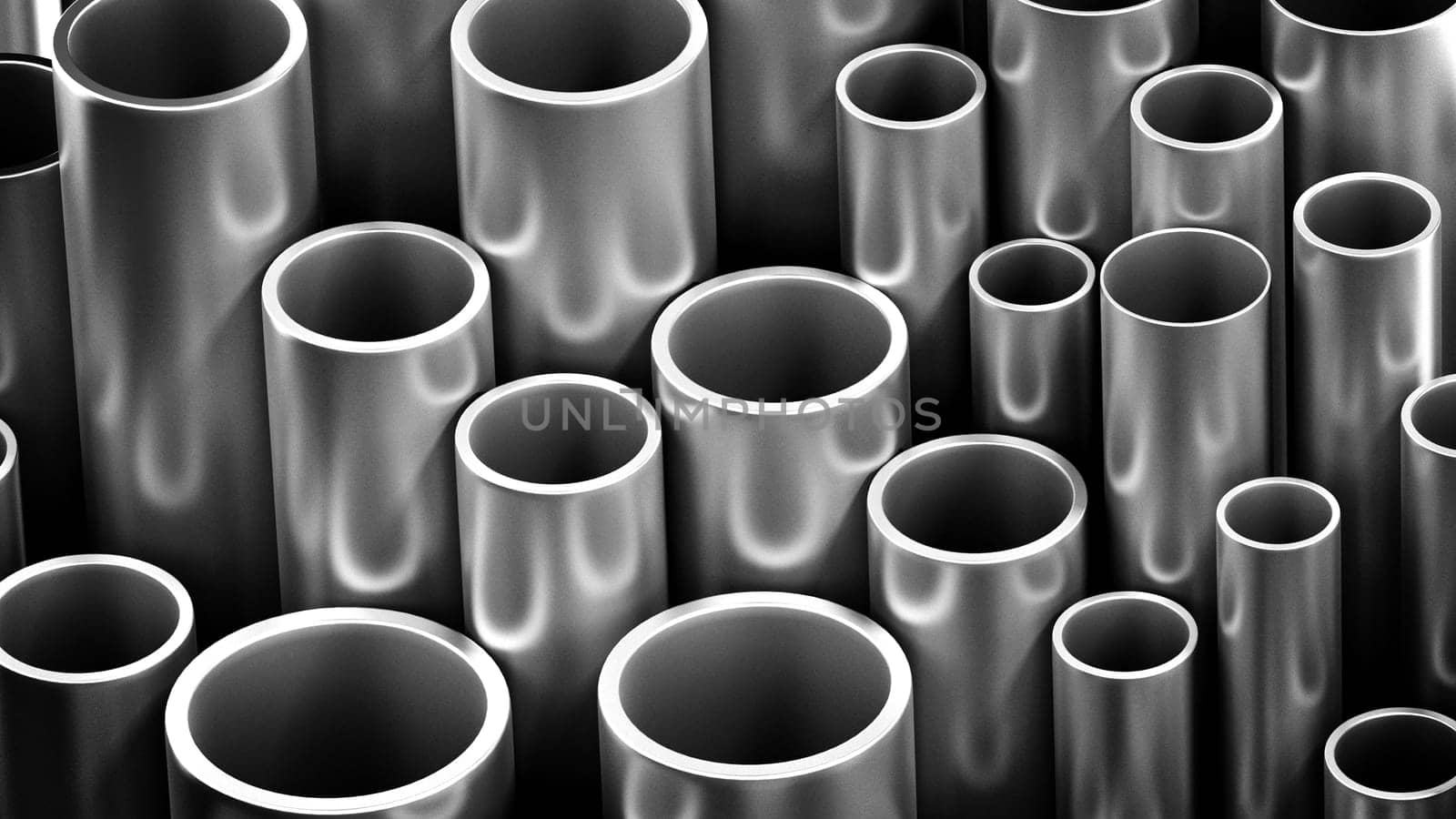Large group of steel tubes. 3D illustration.