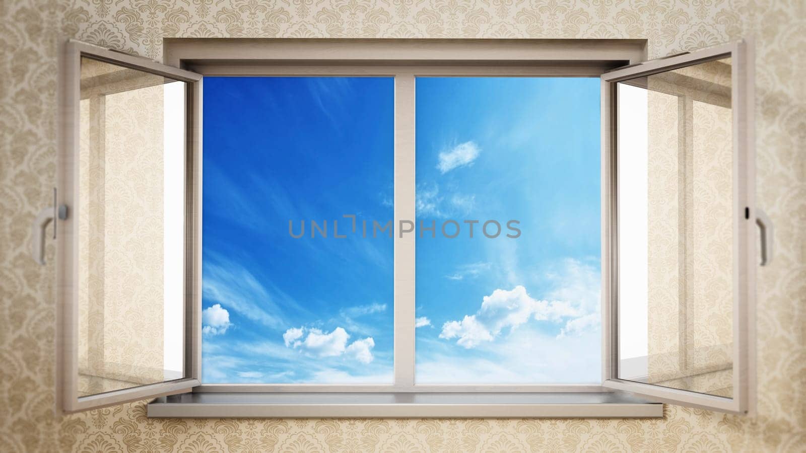 Half open windows inside an empty room opening to blue sky. 3D illustration.