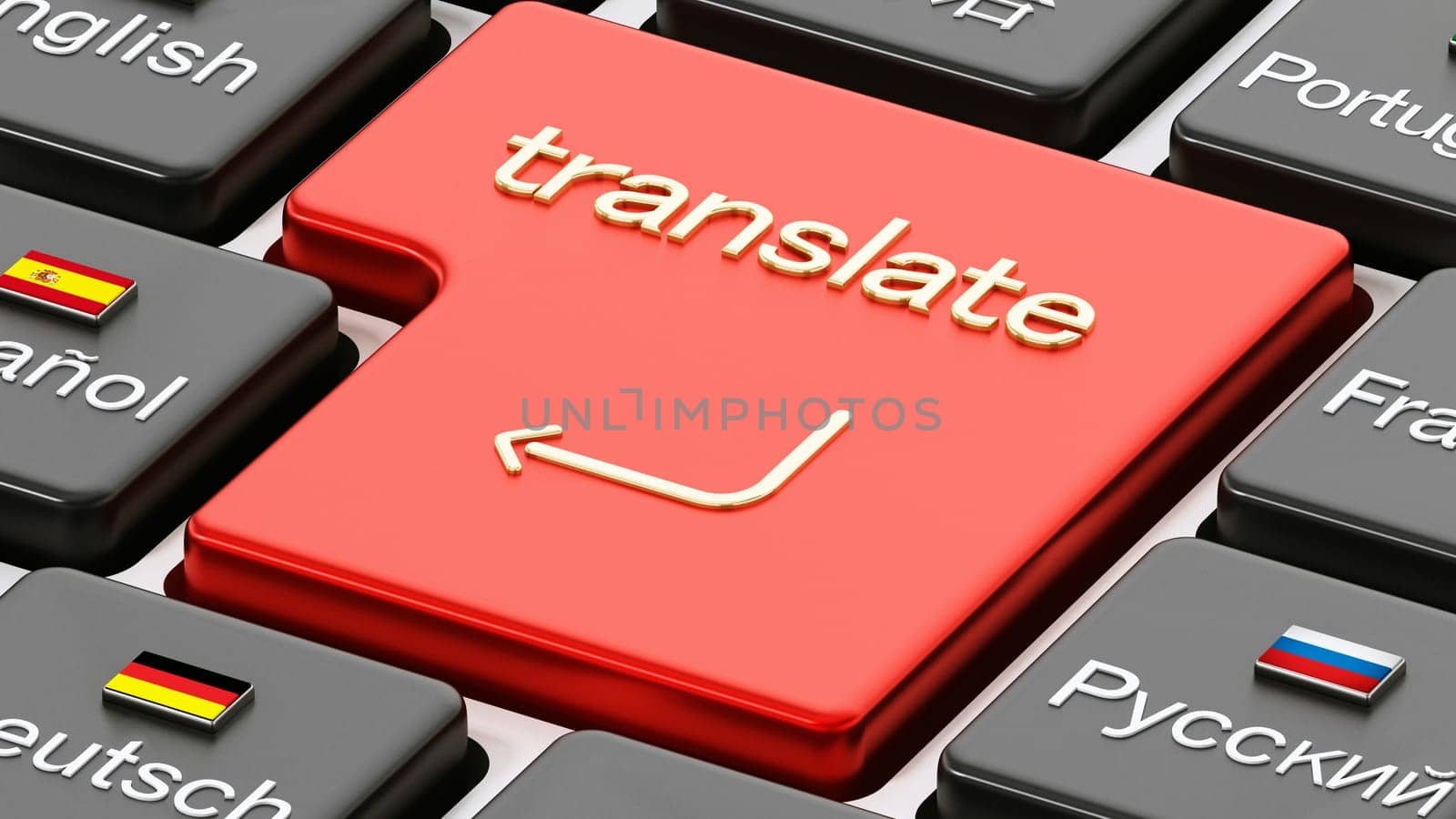 Translate word on enter key in a keyboard with country flags. 3D illustration.