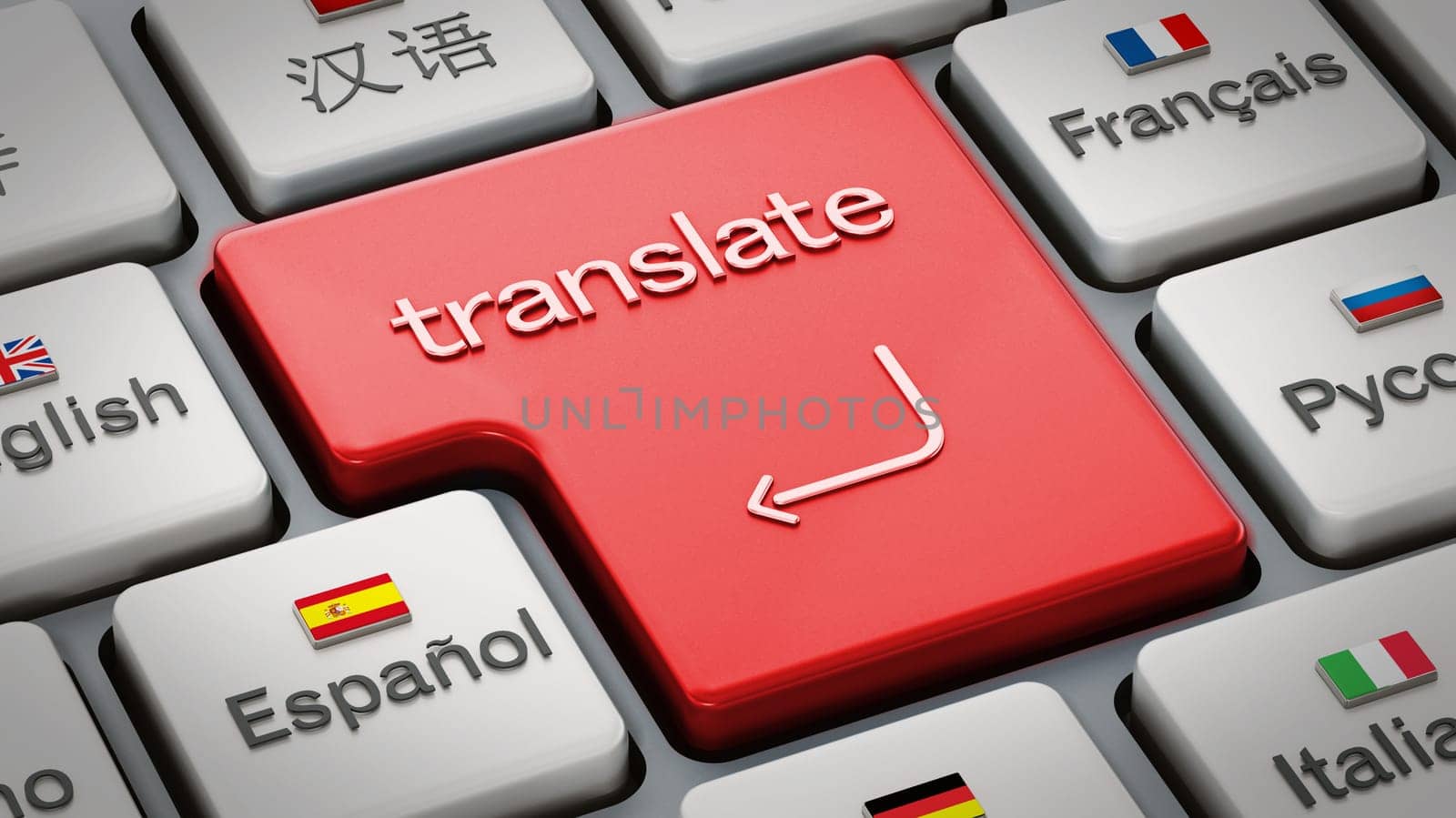 Translate word on enter key in a keyboard with country flags. 3D illustration.