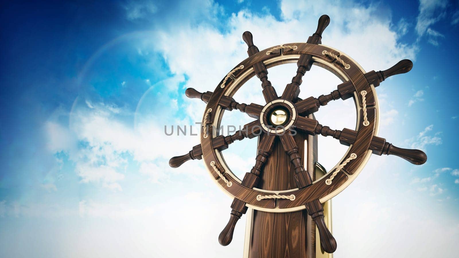 Ship wheel against blue sky background. 3D illustration.