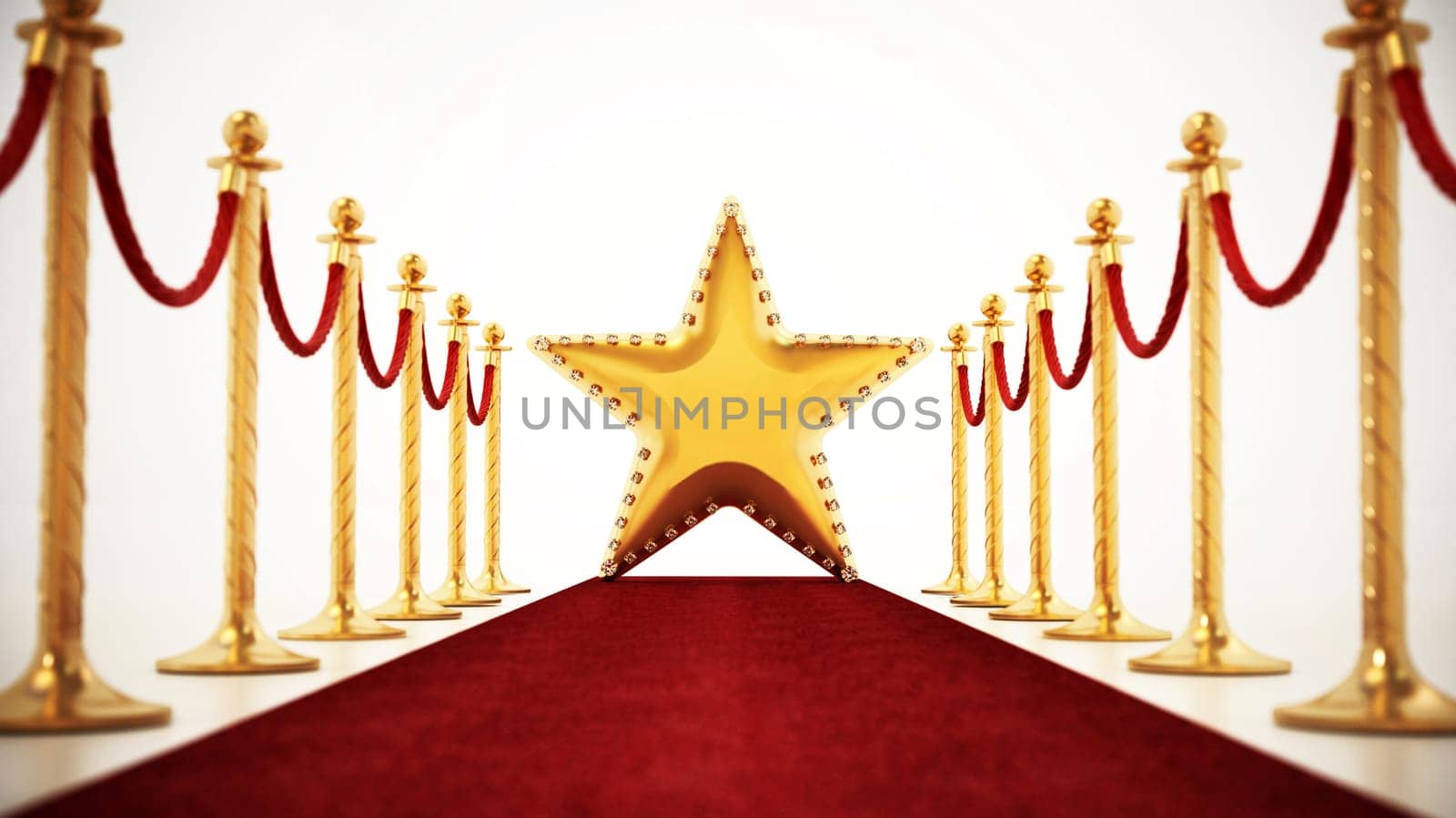 Golden star standing on the red carpet with velvet ropes and stanchions. 3D illustration.