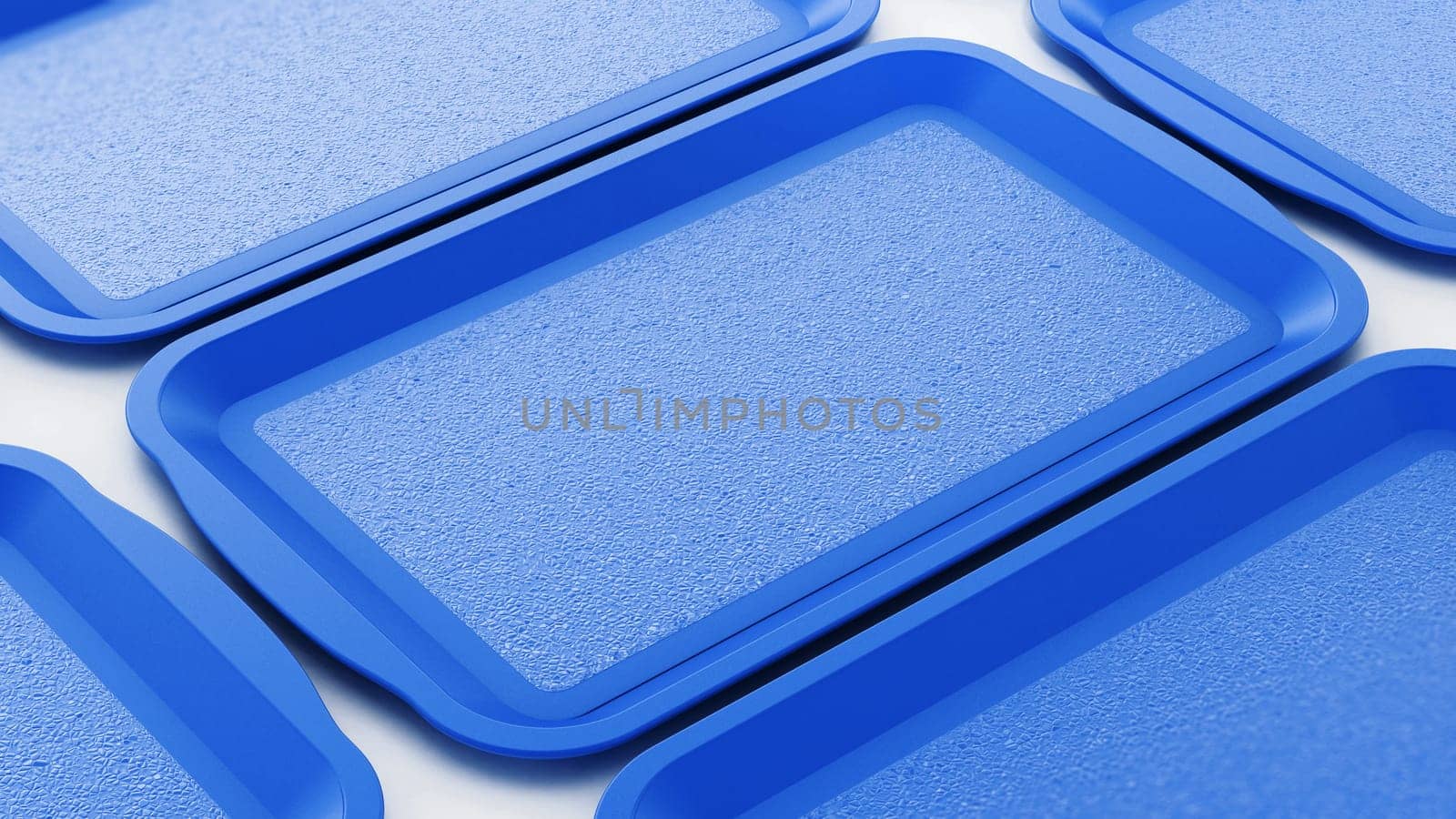 Plastic trays arranged in a line. 3D illustration.