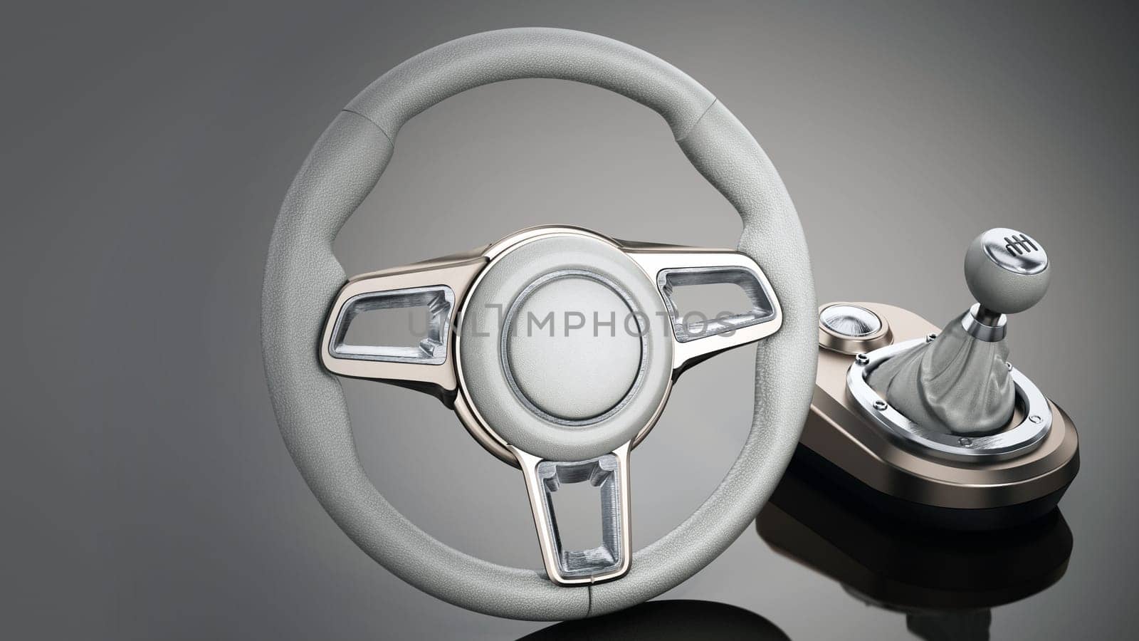 Generic steering wheel and gearbox. 3D illustration.