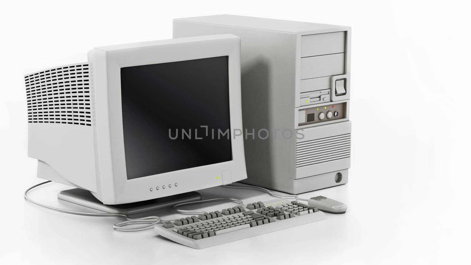 Generic vintage 90's style computer isolated on white background. 3D illustration.
