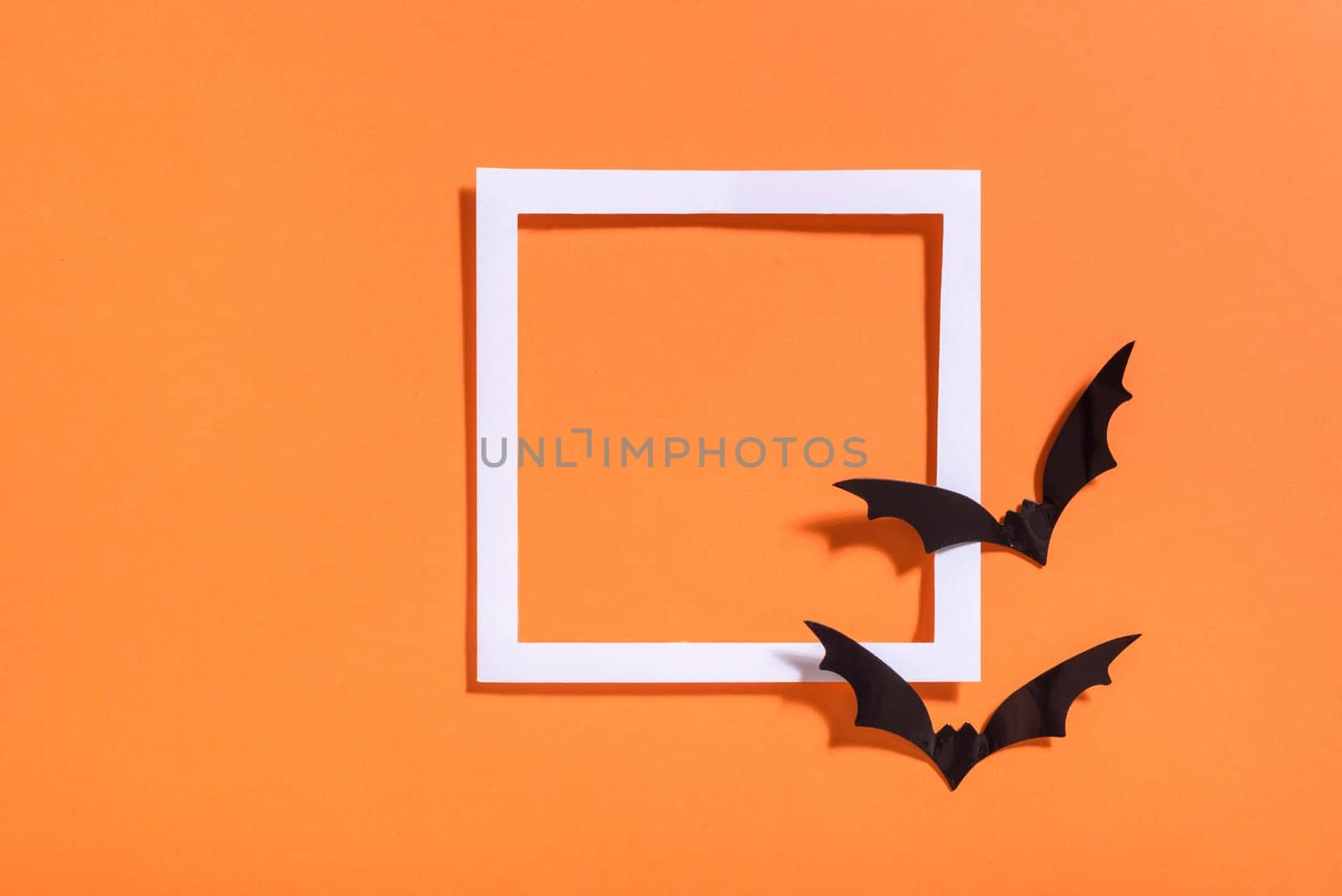 Empty white frame with scary black bats on orange paper. Halloween background layout. Minimal flat lay design.