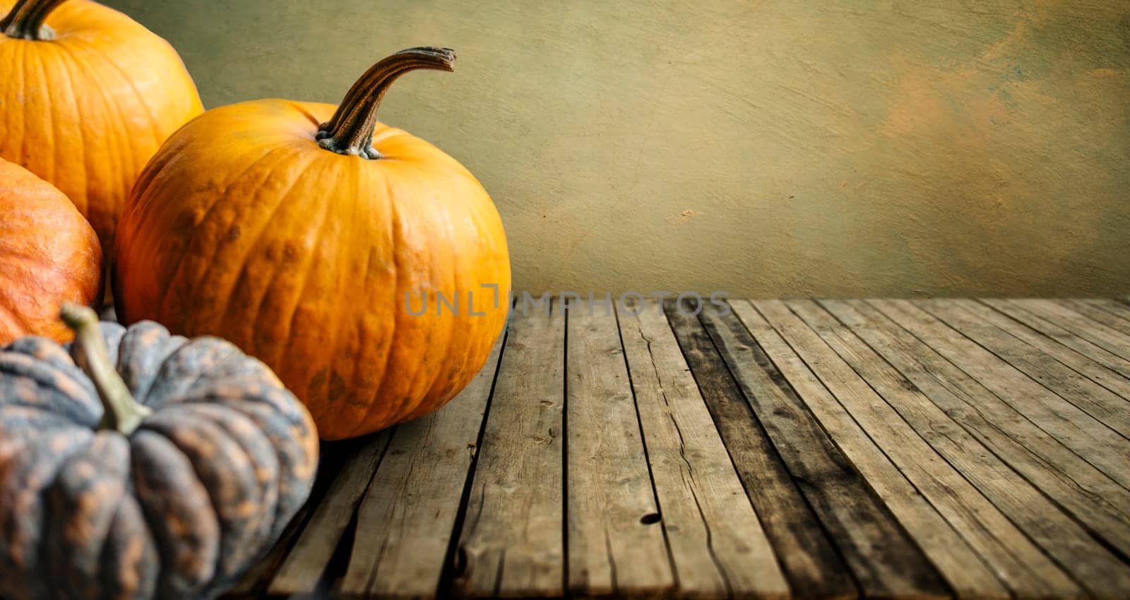 Autumn pumpkins still life on vintage wooden table and rustic background. Thanksgiving family dinner greeting card design. Halloween pumpkin decoration border. Holiday festival concept.