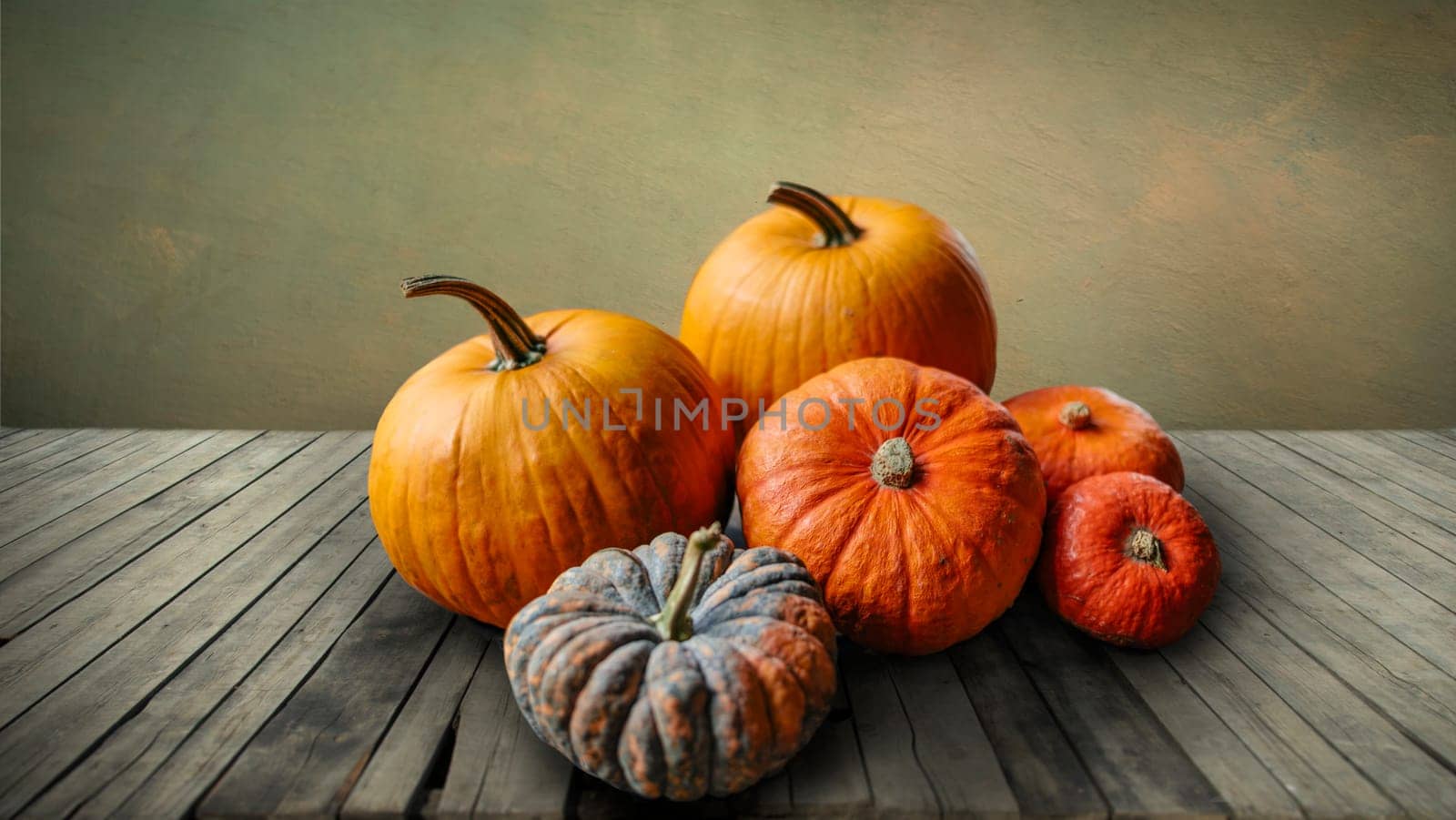 Autumn pumpkins still life on vintage wooden table and rustic background. Thanksgiving family dinner greeting card design. Halloween pumpkin decoration border. Holiday festival concept.