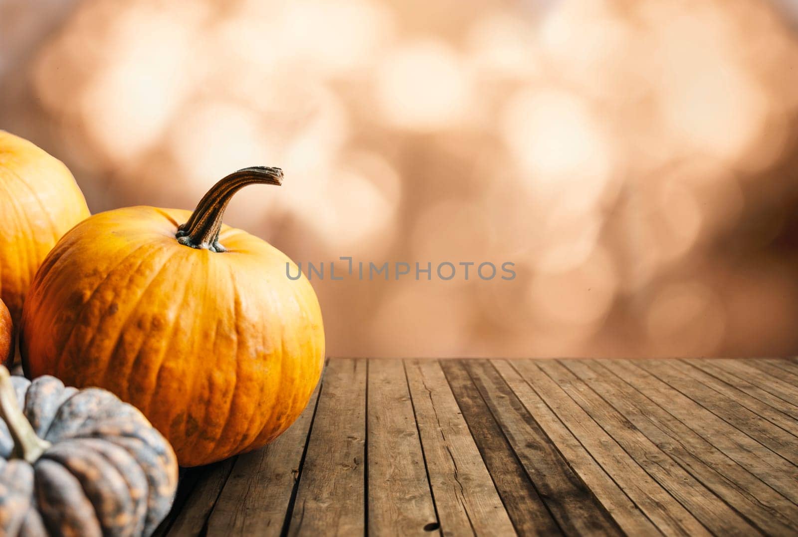 Autumn pumpkins still life on vintage wooden table and bokeh background. Thanksgiving family dinner greeting card design. Halloween pumpkin decoration border. Holiday festival concept.