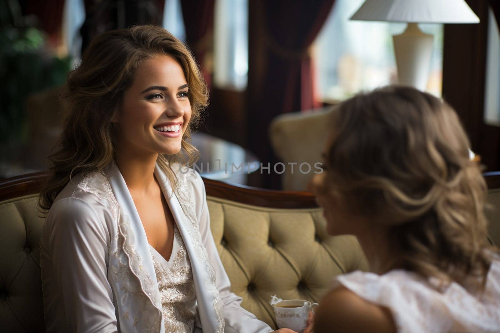 Two young rich woman sitting in a loungearea, drinking coffee and talking with each other