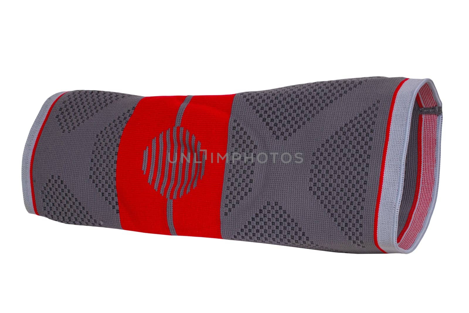 Knee pads isolated. Close-up of a red gray sports elastic knee pad or bandage to fixing and supporting joints. Clipping path. Volleyball, jogging, running or Fitnesstraining.