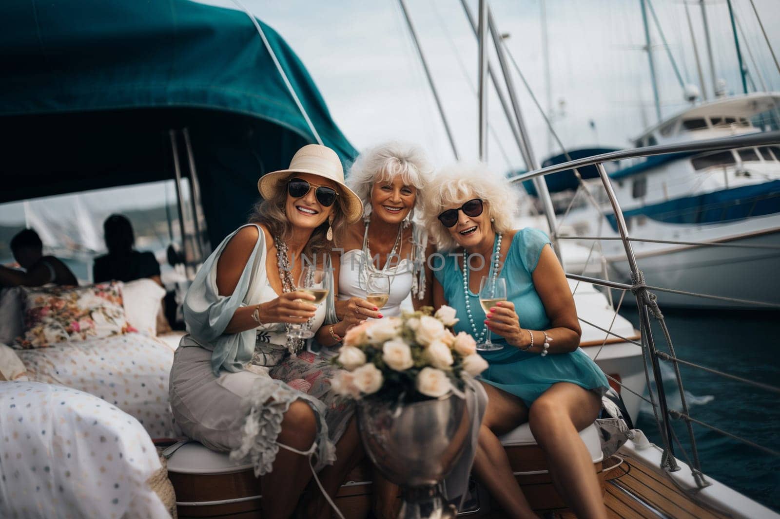Three happy middle aged women together on a boattrip in summer with nice summer dresses