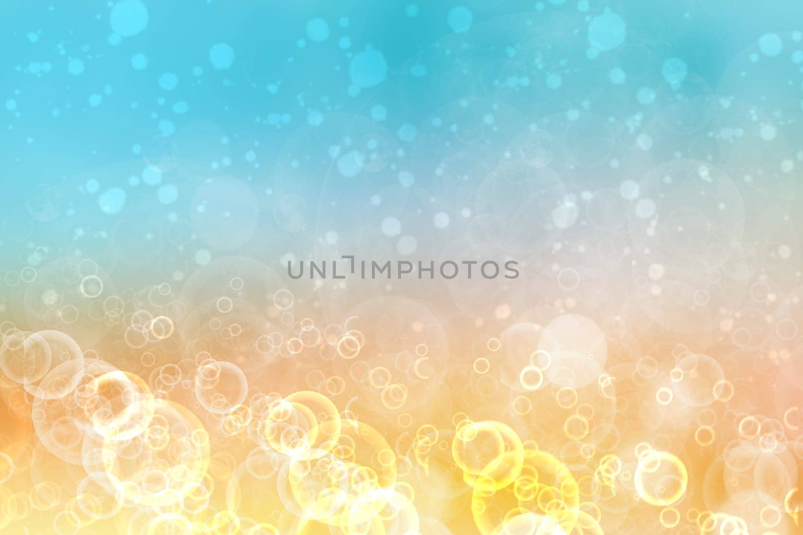 Abstract gradient light blue turquoise yellow shiny blurred background texture with circular bokeh lights. Beautiful backdrop. Space for design.