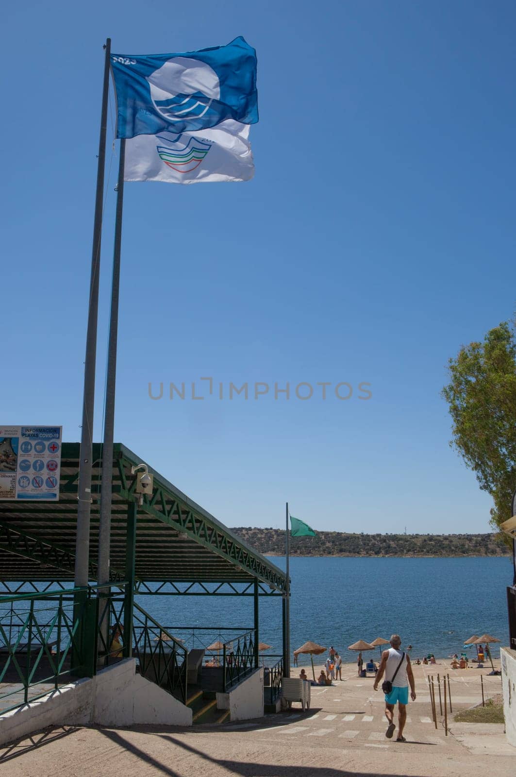 Orellana, Spain - August 4th, 2023: Costa Dulce de Orellana, unique inland beach in Spain awarded with the Blue Flag, Badajoz, Spain
