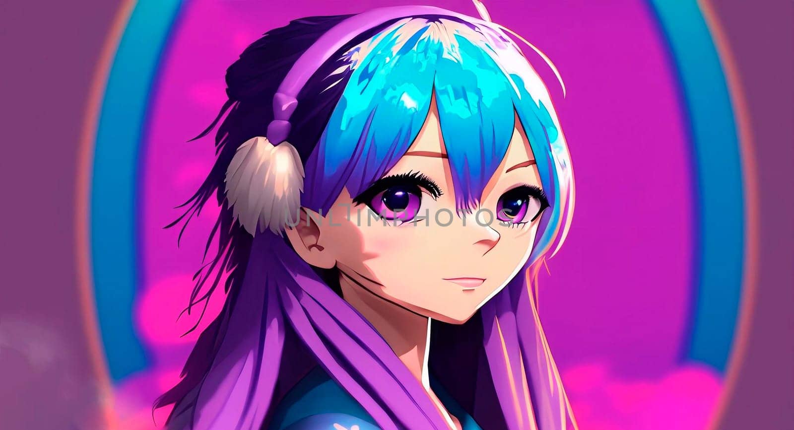 Exquisite facial features cartoon anime blue purple hair beautiful girl avatar game characte