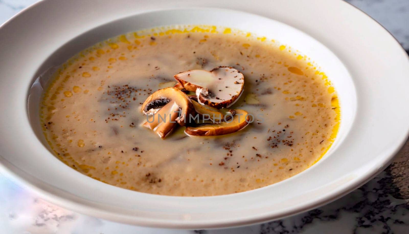 Pumpkin soup with wild mushrooms broth, topped with sesame seeds, winter comforting dish, served on a blue bowl on a light stone background, top view, free space for the text