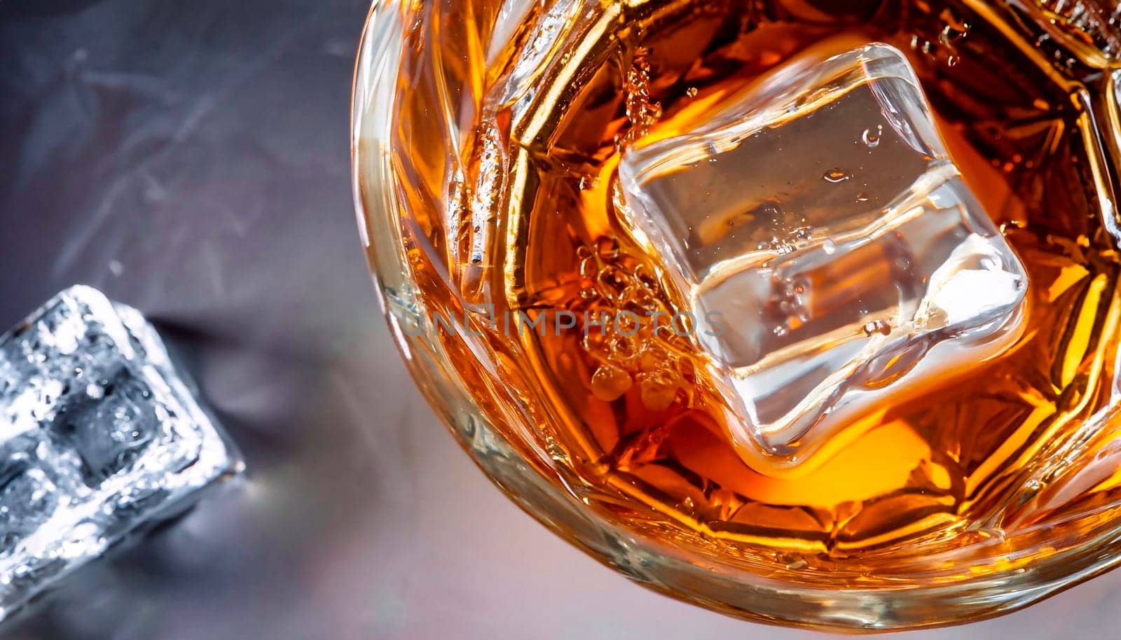 Glass of whiskey with ice on black stone table. Top view with copy space