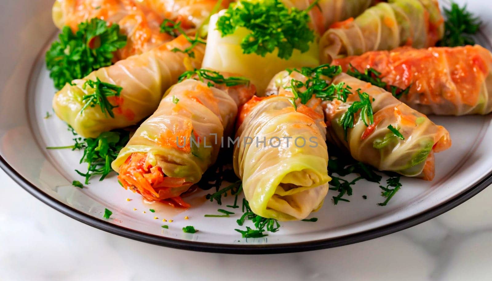 Stuffed cabbage with tomato sauce decorated with parsley