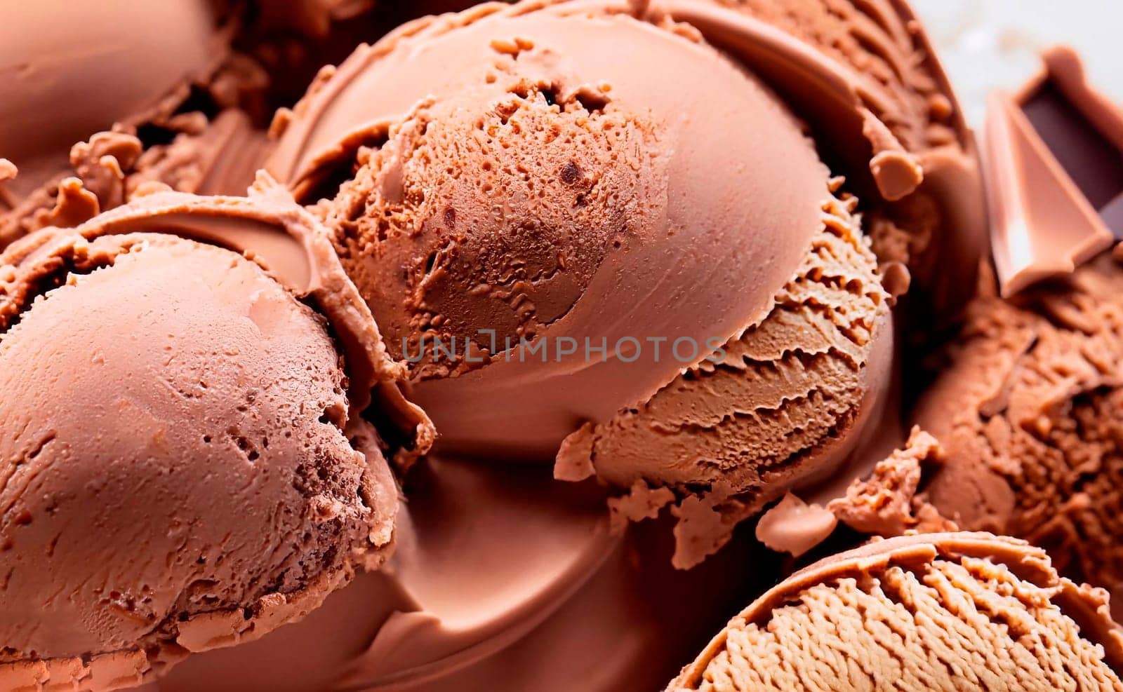 various ice cream balls with chocolate sauce and nuts isolated on white background, top view