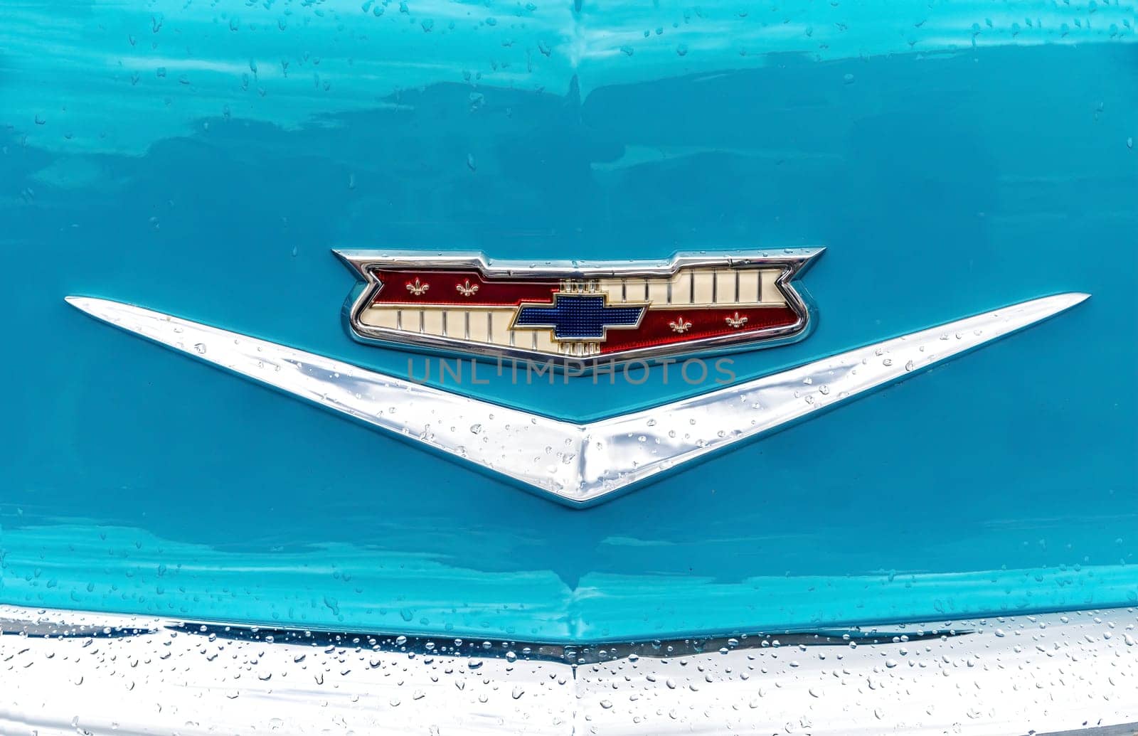 WETTENBERG, HESSE, GERMANY - 07 - 28 - 2023: Classic Light Blue Chevrolet Belair in detail on a Car Show Golden Oldies in Krofdorf- Gleiberg, near Giessen, Hesse.
