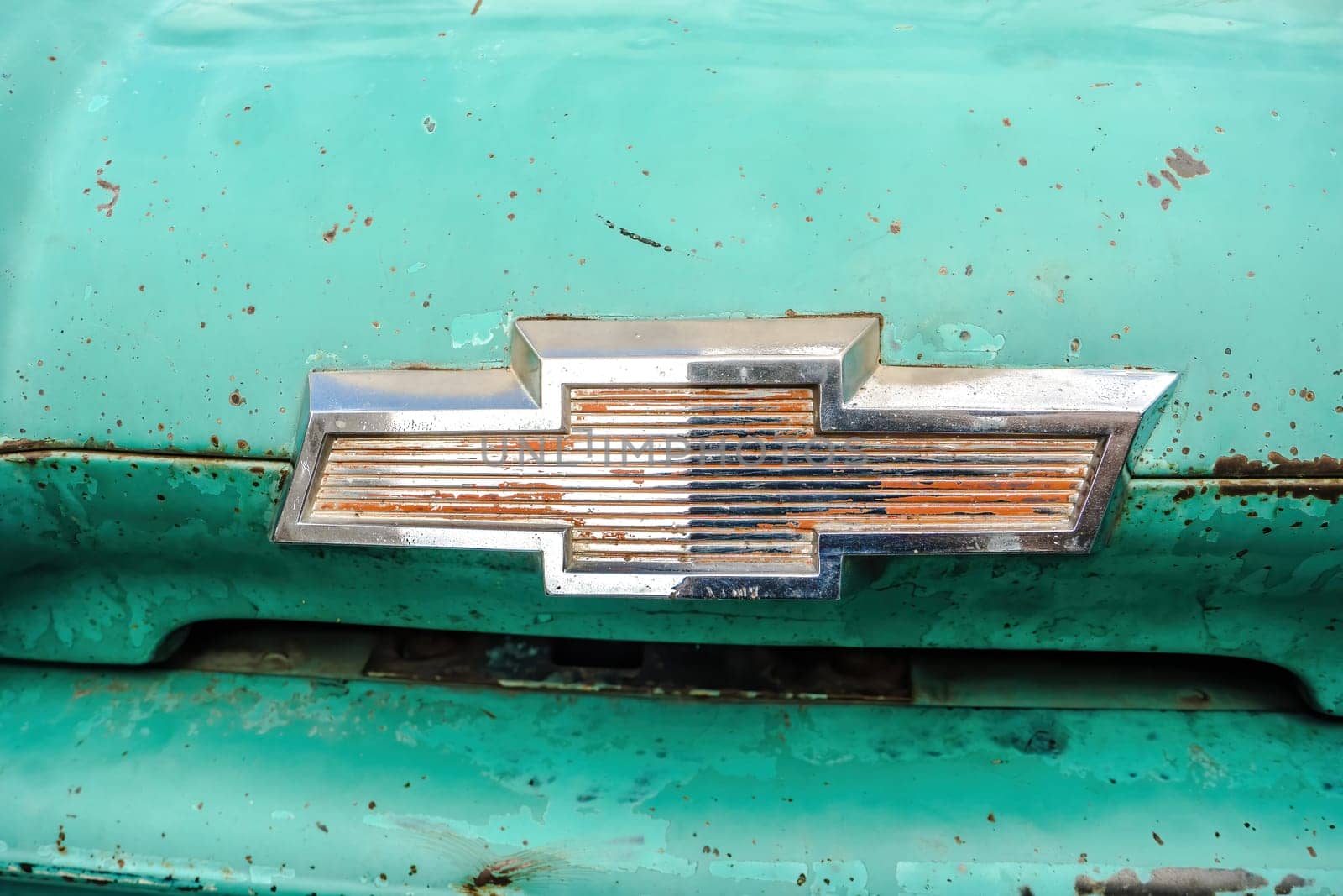 WETTENBERG, HESSE, GERMANY - 07 - 28 - 2023: Rusty APACHE 10 Truck Logo at traditional Car Show in krofdorf-Gleiberg, near Giessen, Hesse.
