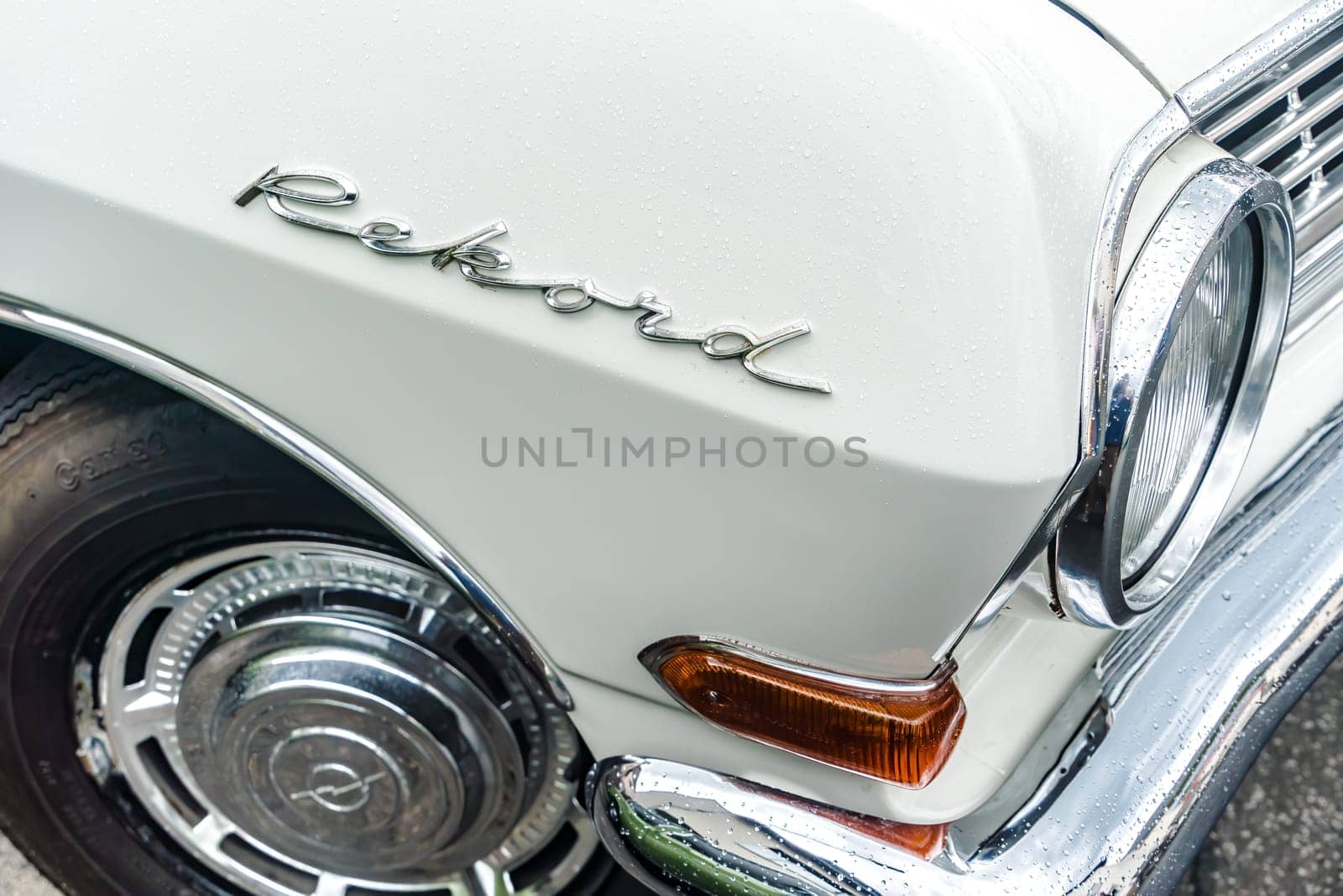 WETTENBERG, HESSE, GERMANY - 07 - 28 - 2023: Details from classic OPEL REKORD on a traditional Car Show in Krofdorf-Gleiberg, near Giessen in Hesse.